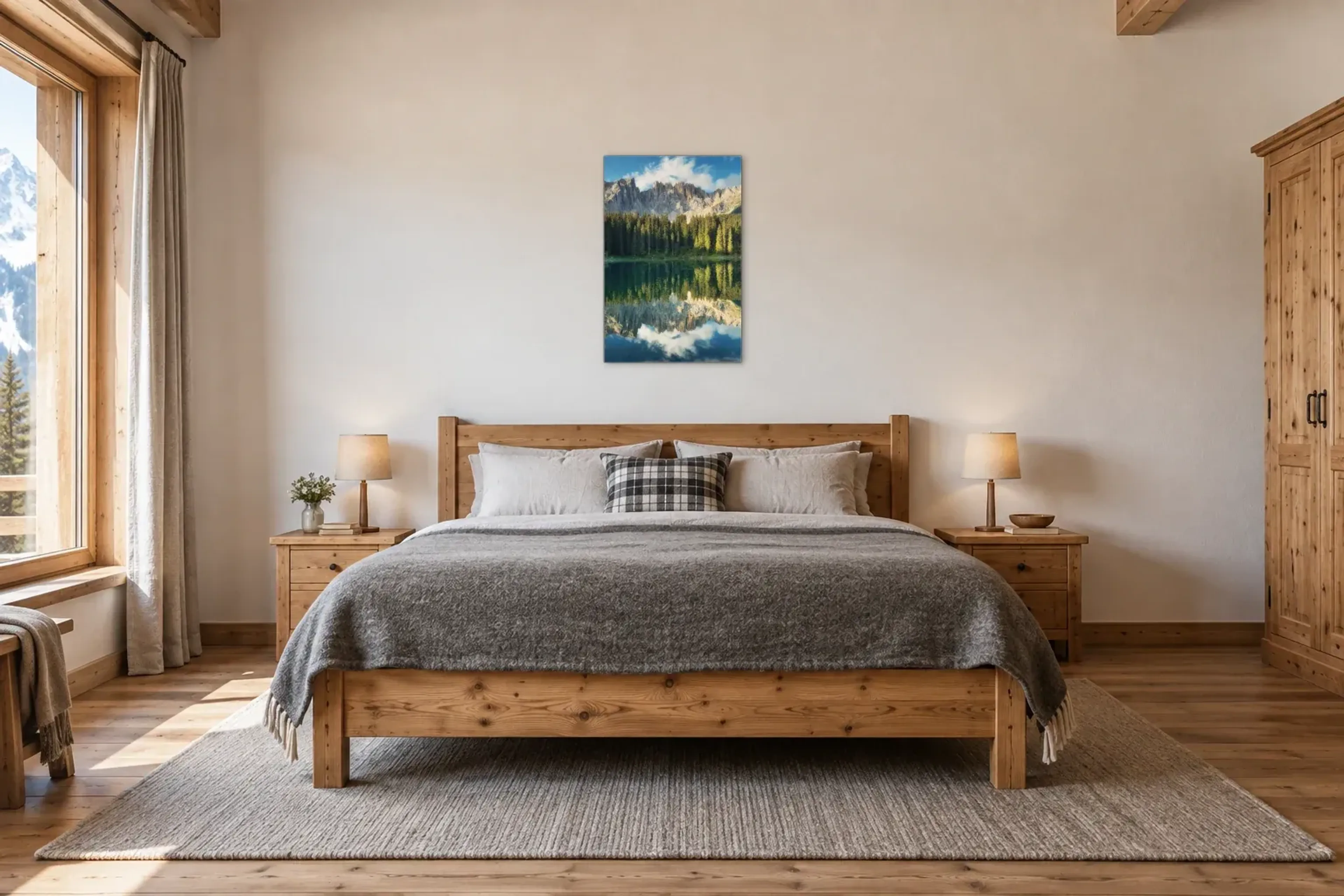 Bergspiegelung im See als Wandbild über einem 180-cm-Bett