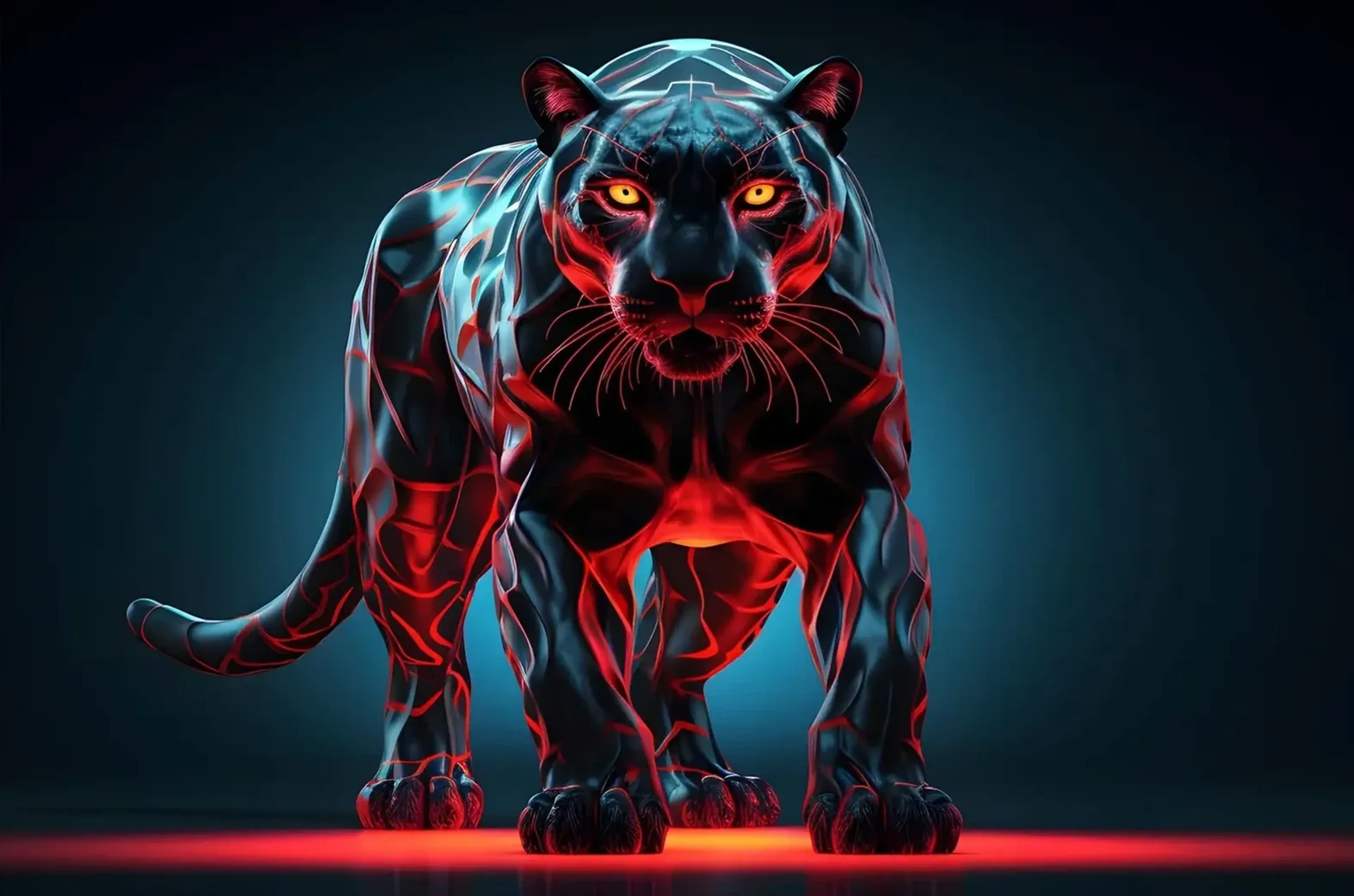 Frontal stehende Raubkatze mit gelborangen Augen, roten und eisblauen Linien über einem roten Lichtstreifen.