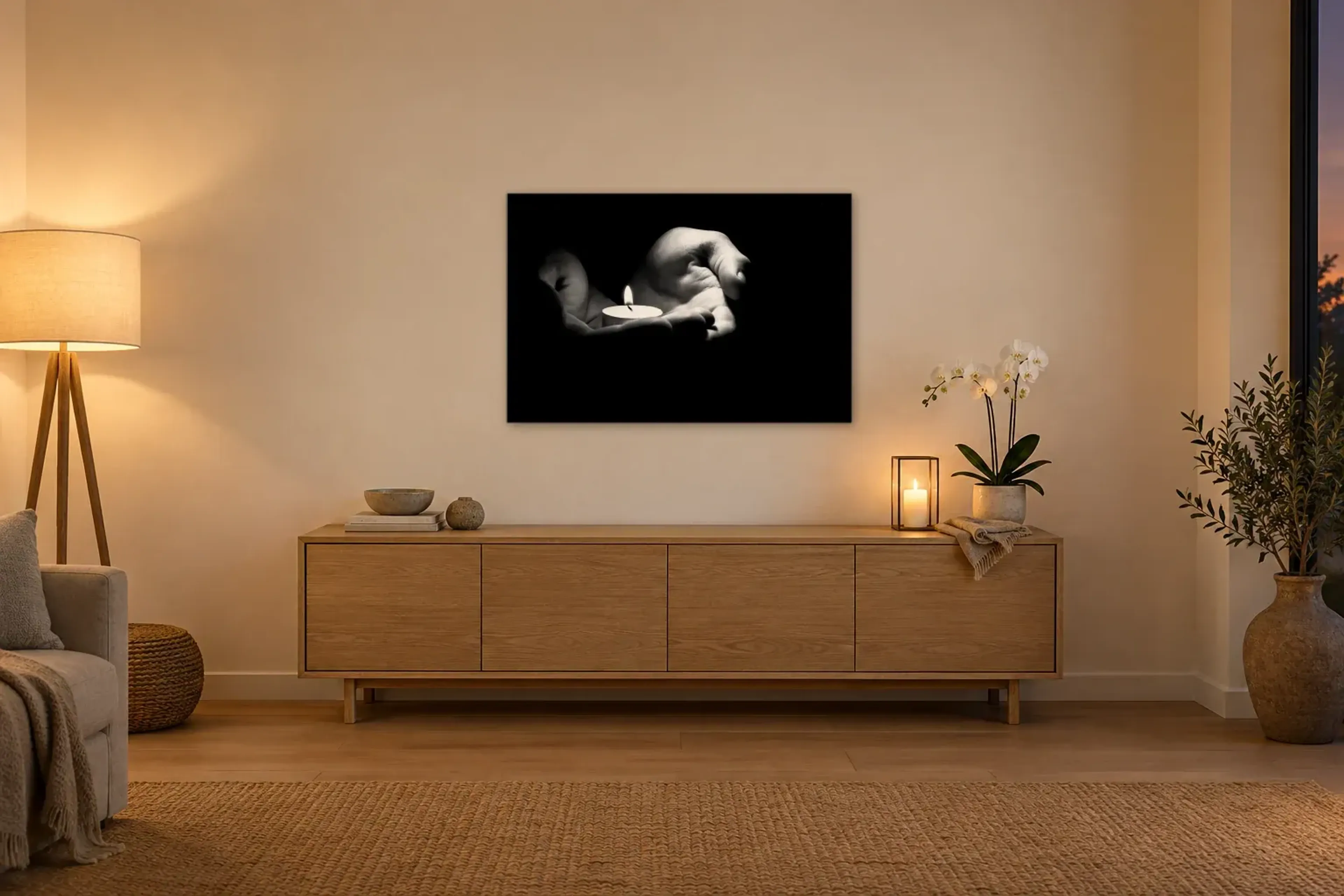 Kerze in offenen Händen als Wandbild über einem 160-cm-Sideboard