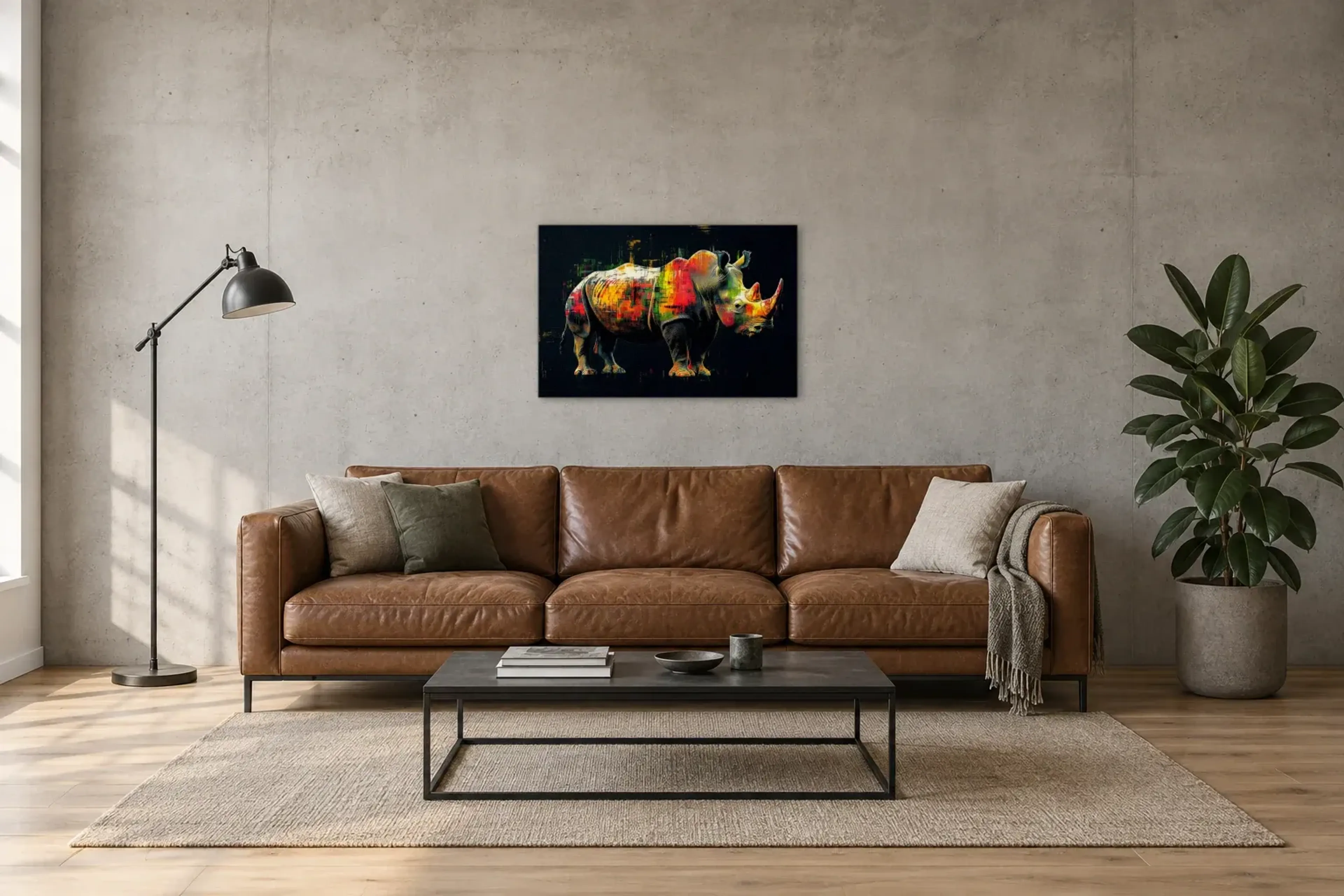 Nashorn im Dunkeln als Wandbild über einem 220-cm-Sofa