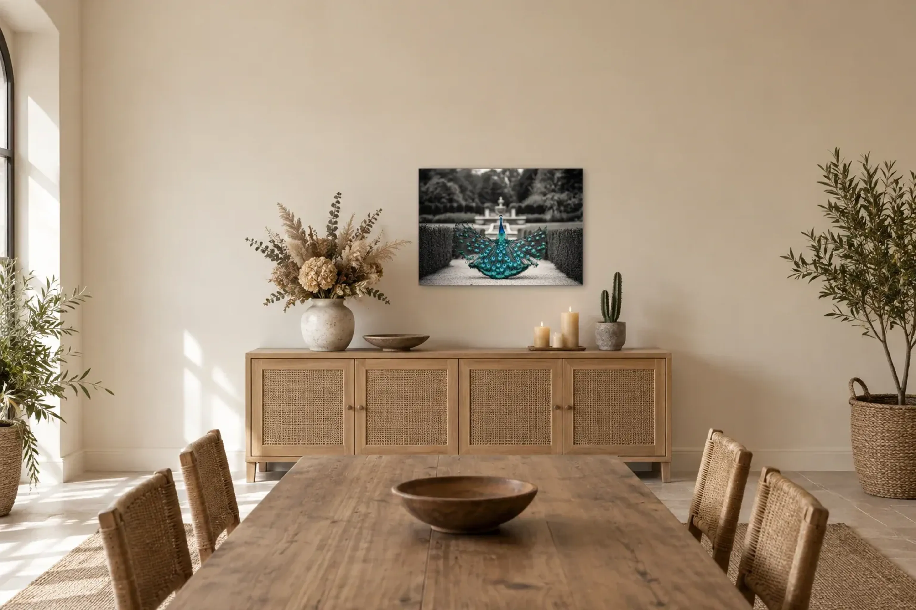 Pfau im Garten als Wandbild über einem 160-cm-Sideboard