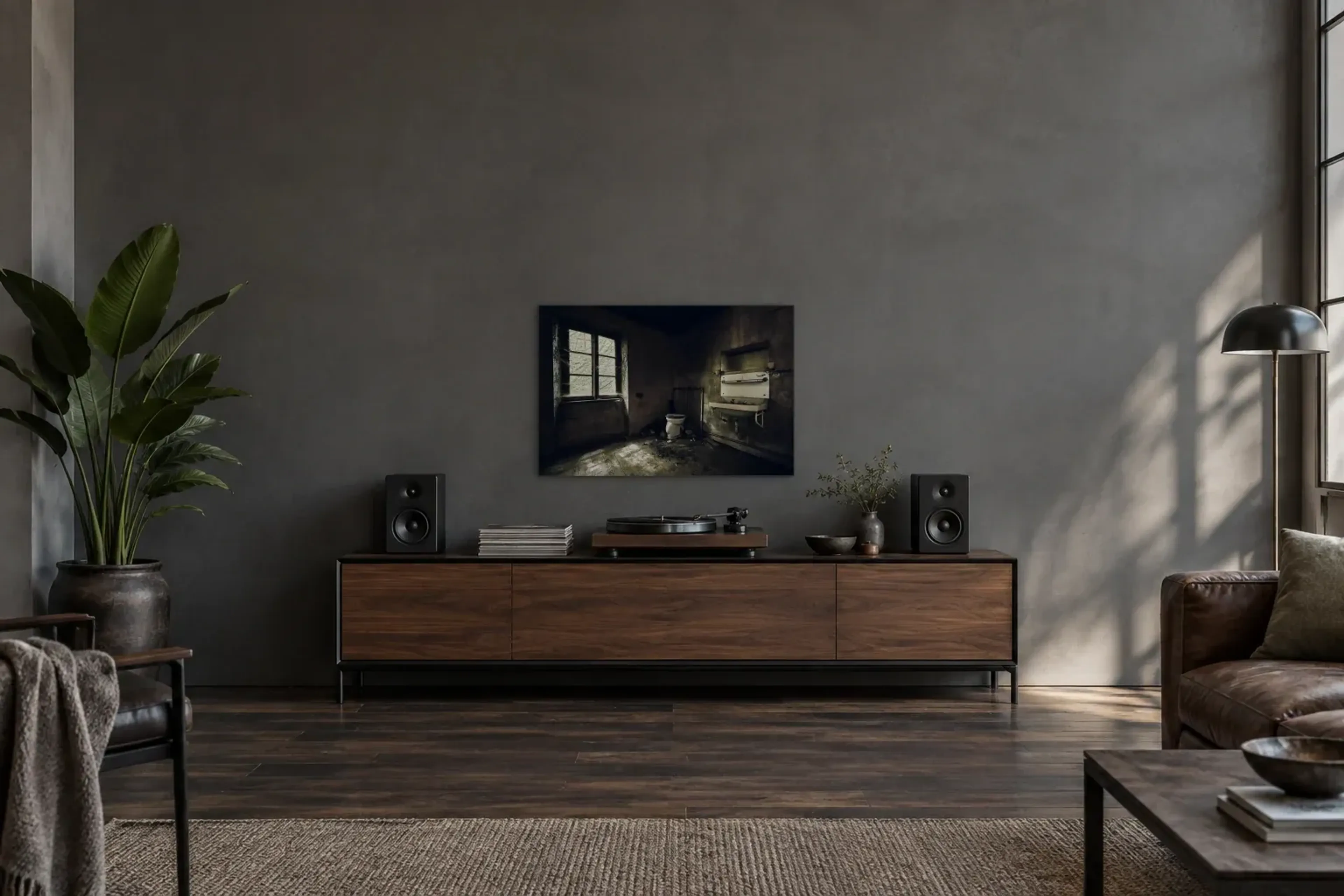 Lost Place WC als Wandbild über einem 200-cm-Sideboard