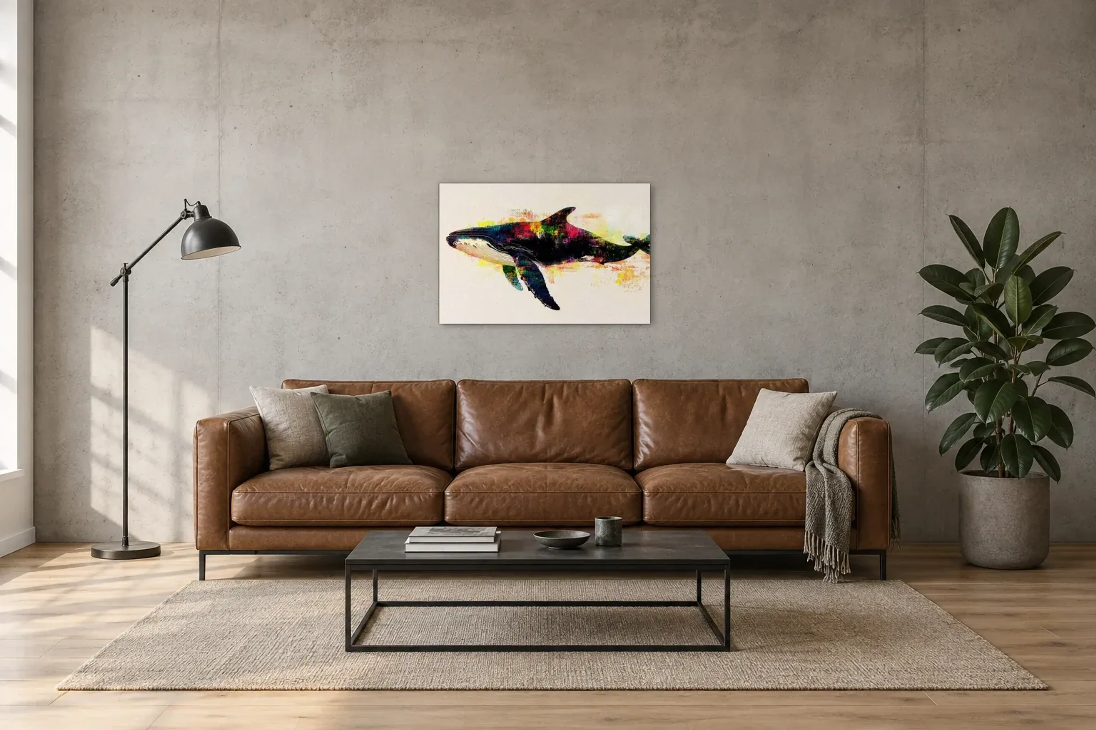 Wal auf hellem Grund als Wandbild über einem 220-cm-Sofa
