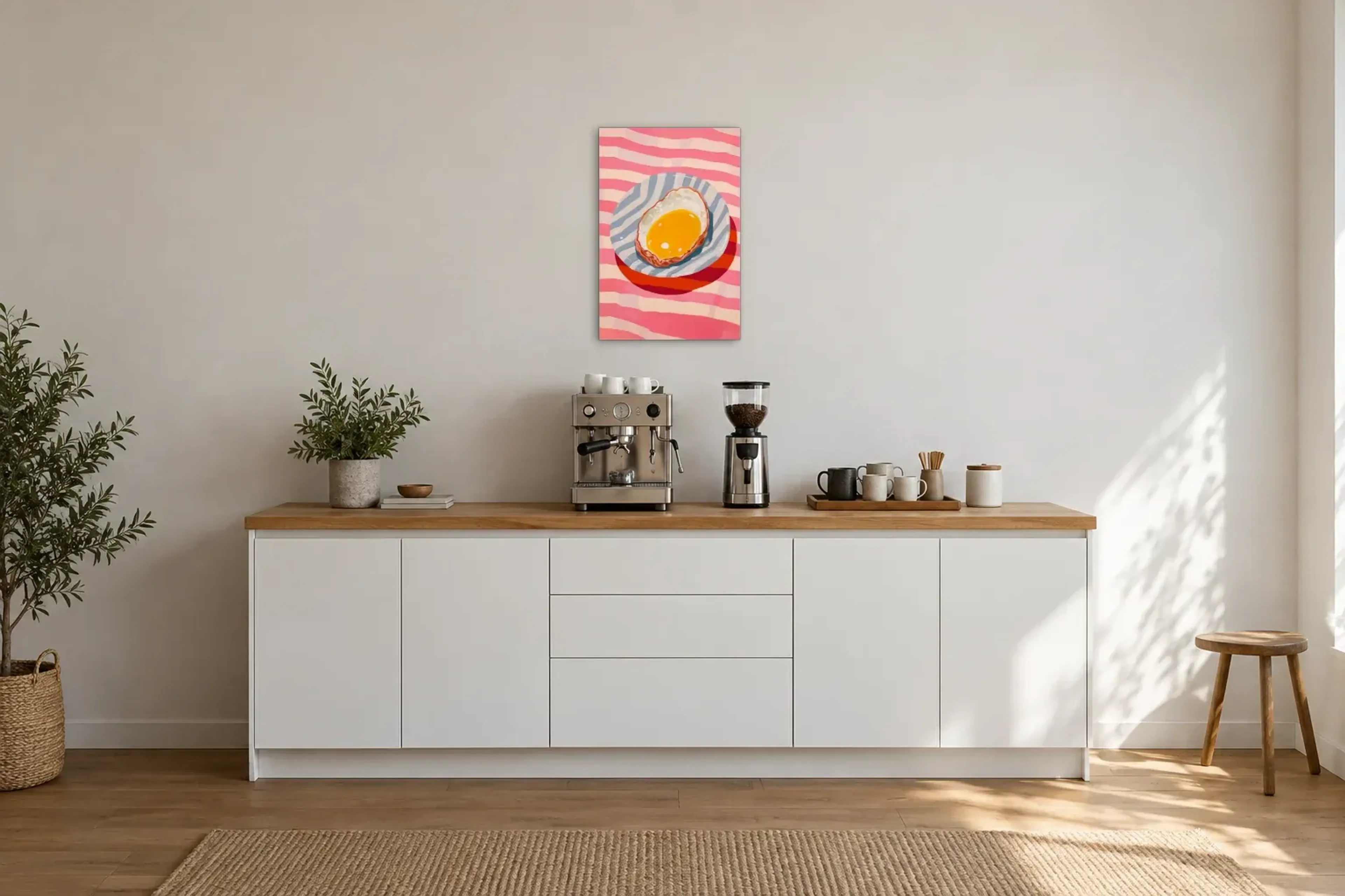 Spiegelei auf Streifenteller als Wandbild über einer 200-cm-Arbeitsplatte