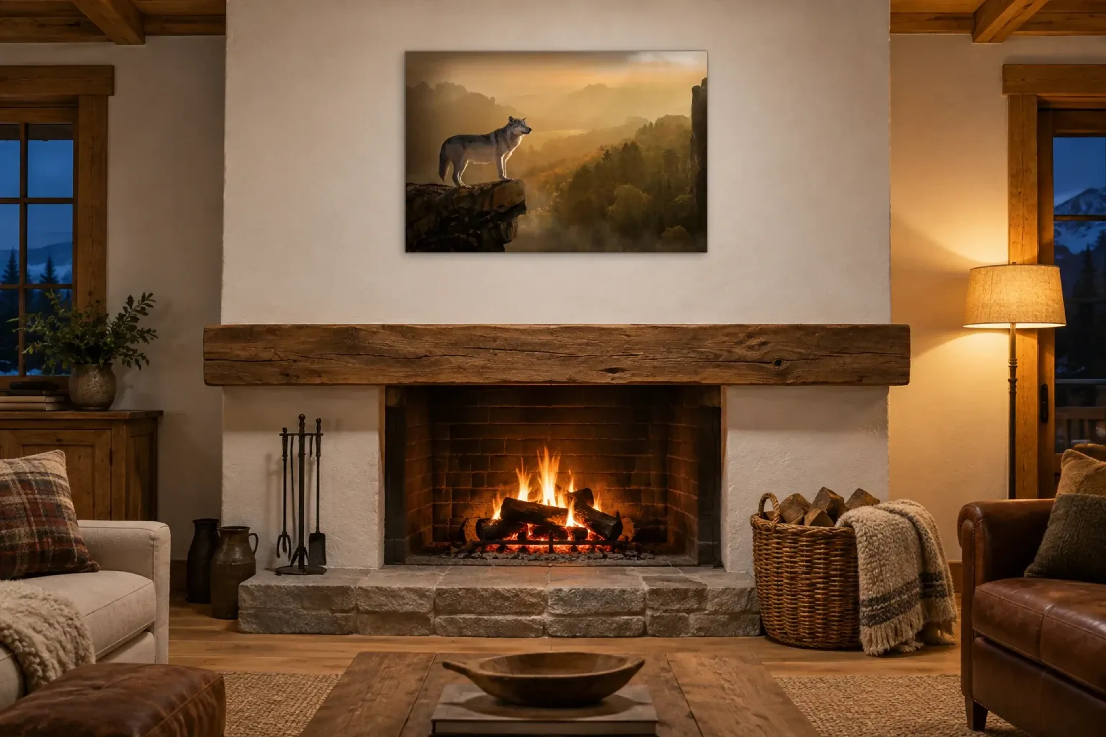 Wolf auf Fels als Wandbild über einem 180-cm-Kaminsims