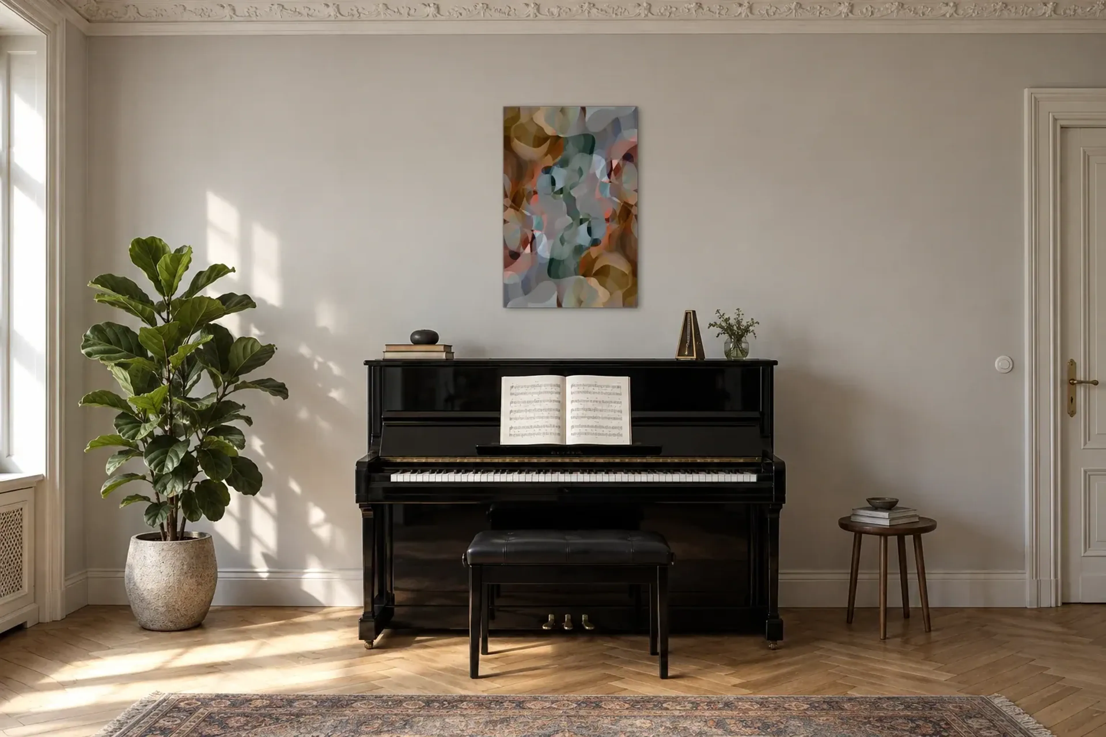 Fließende Farbformen als Wandbild über einem 150-cm-Klavier