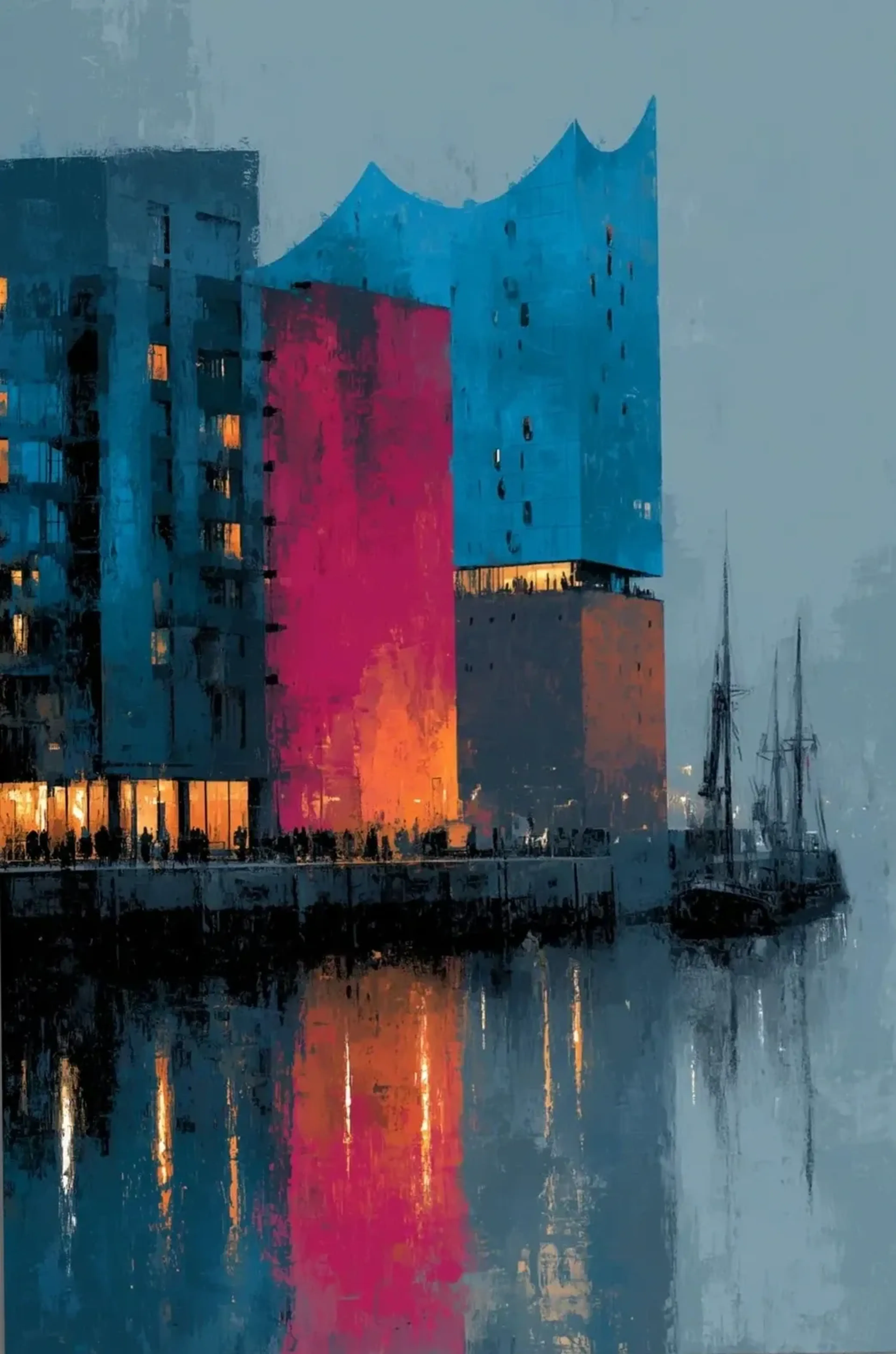 Abstrahierte Elbphilharmonie in Blau und Pink mit orangefarbenem Uferlicht, Segelschiff und Wasserspiegelungen.