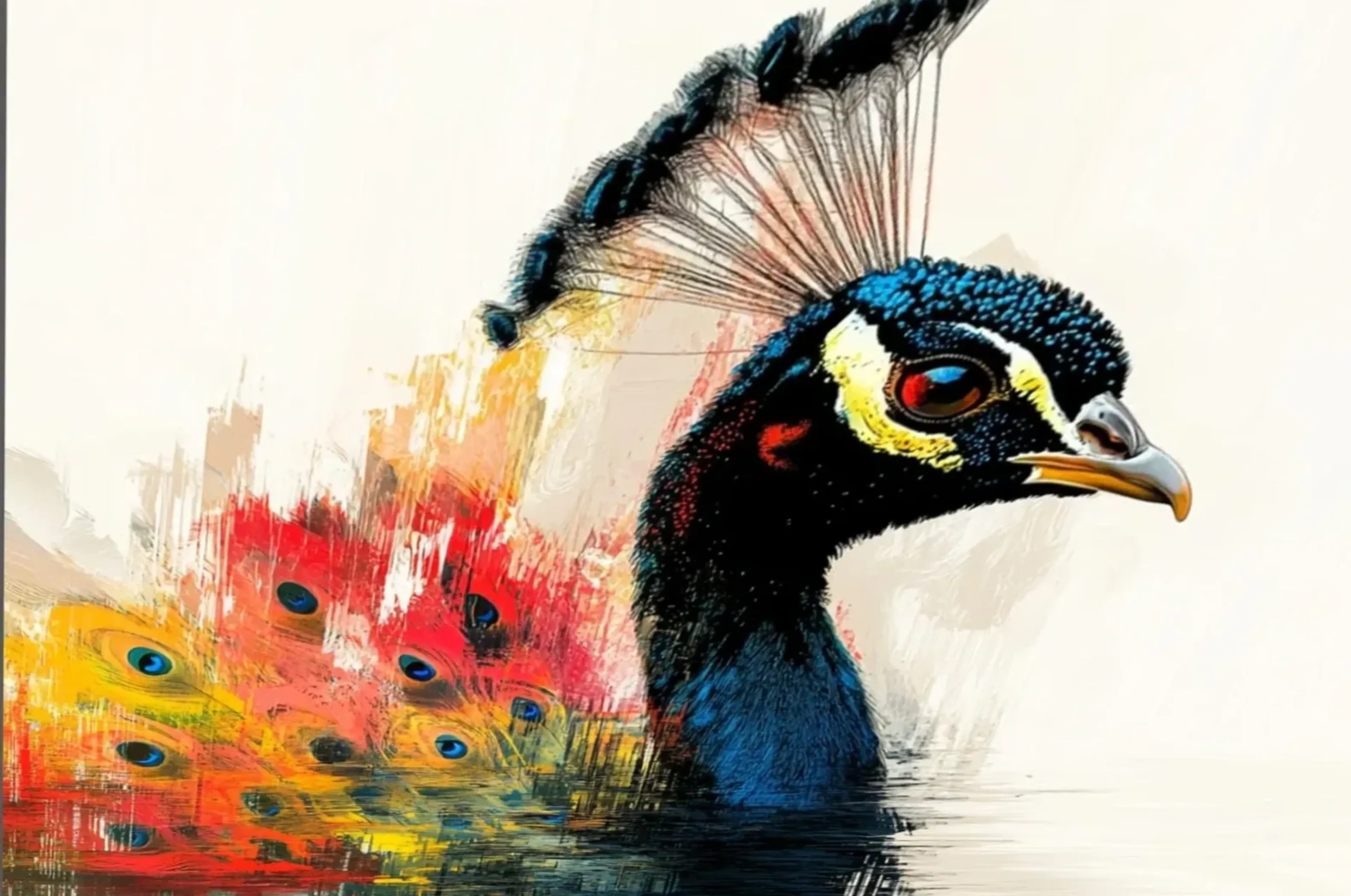 Pfau in leuchtenden Farben – Motiv als Wandbild auf Holz