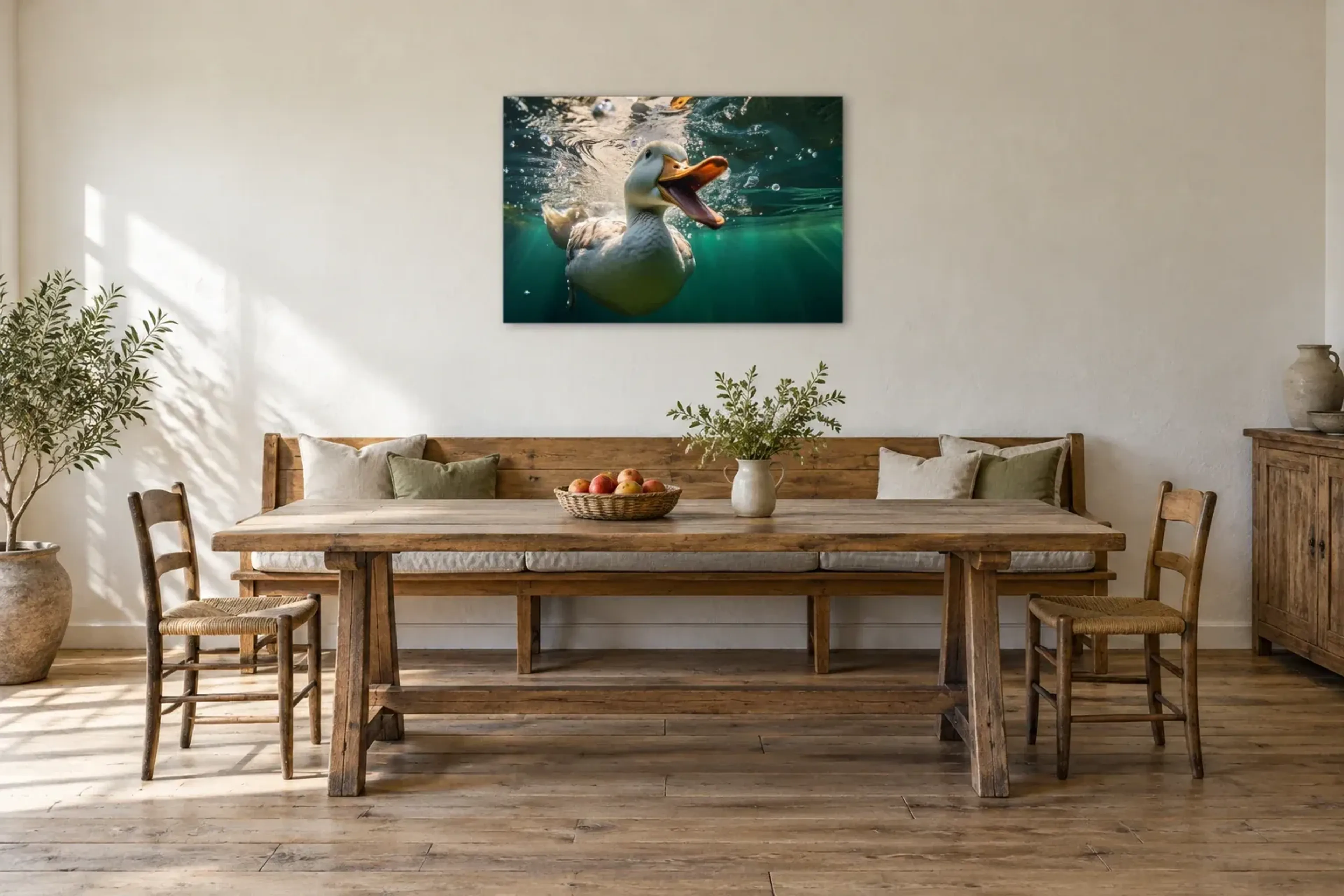 Ente unter Wasser als Wandbild über einer 200-cm-Sitzbank