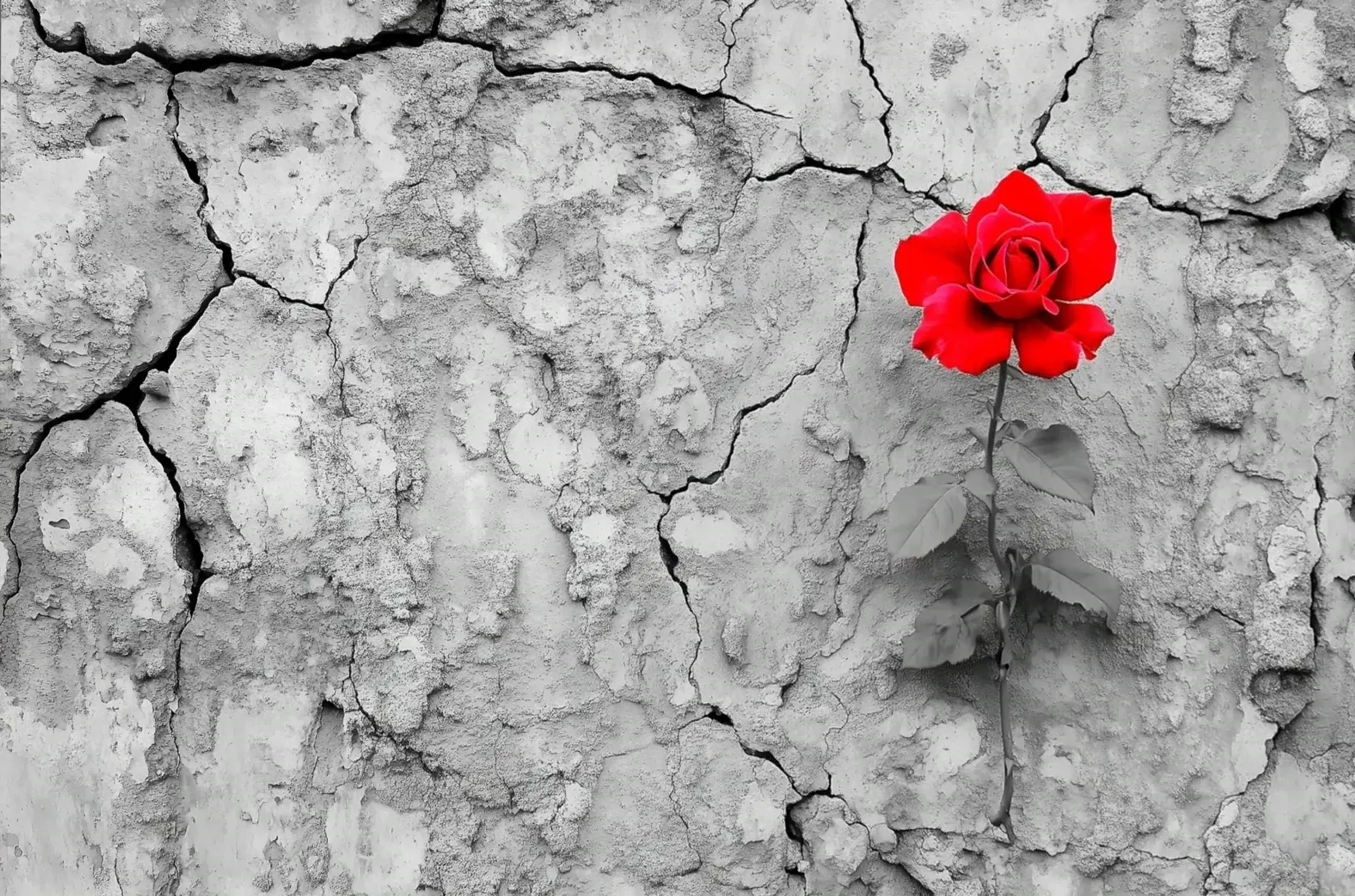 Eine rote Rosenblüte mit grauem Stiel und grauen Blättern liegt vor einer hellen Wand mit tiefen Rissen.