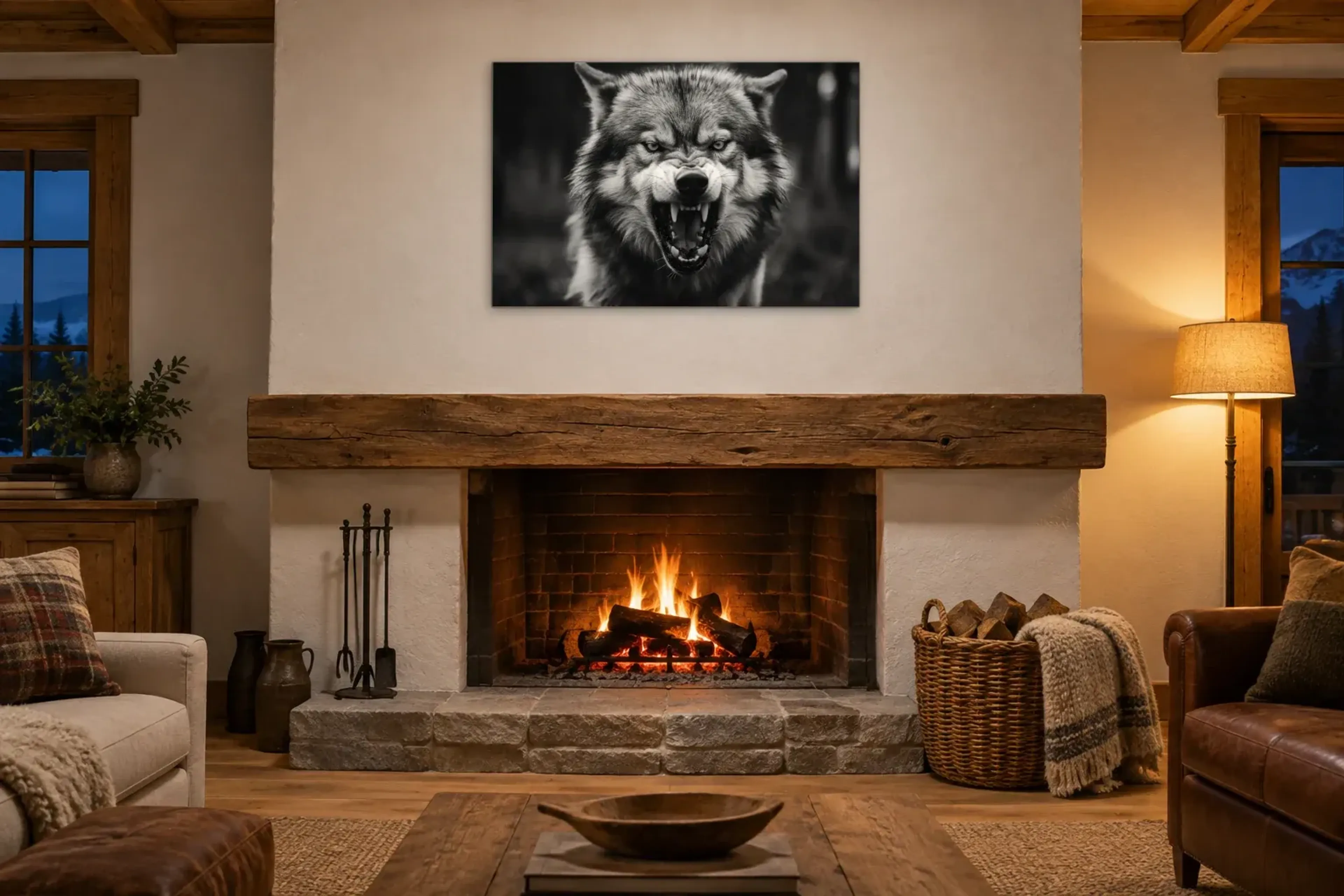 Fletschender Wolf in Schwarz-Weiß als Wandbild über einem 180-cm-Kaminsims