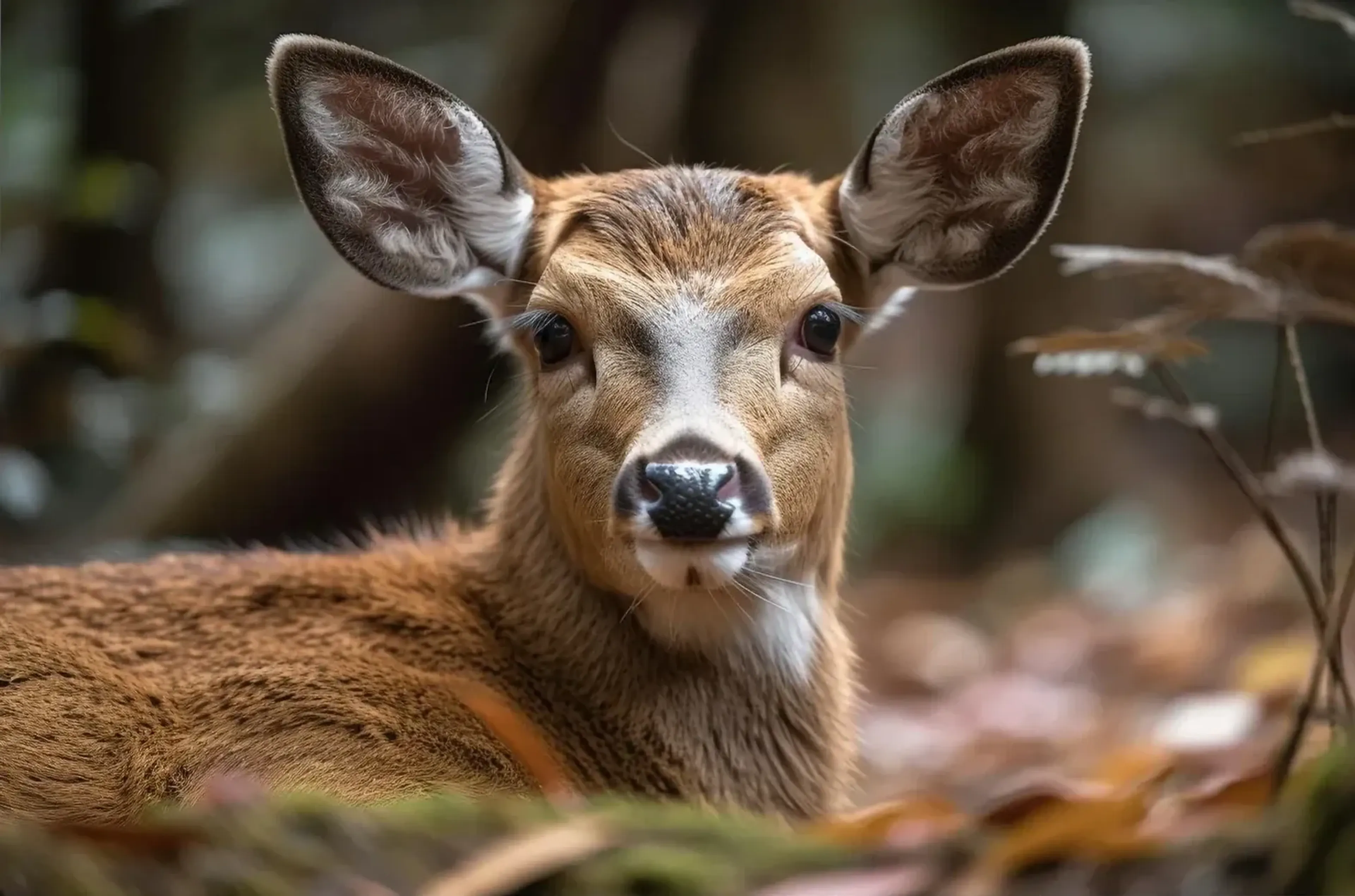 Eine liegende Hirschkuh mit aufgerichteten Ohren blickt vor unscharfem Waldboden direkt nach vorn.