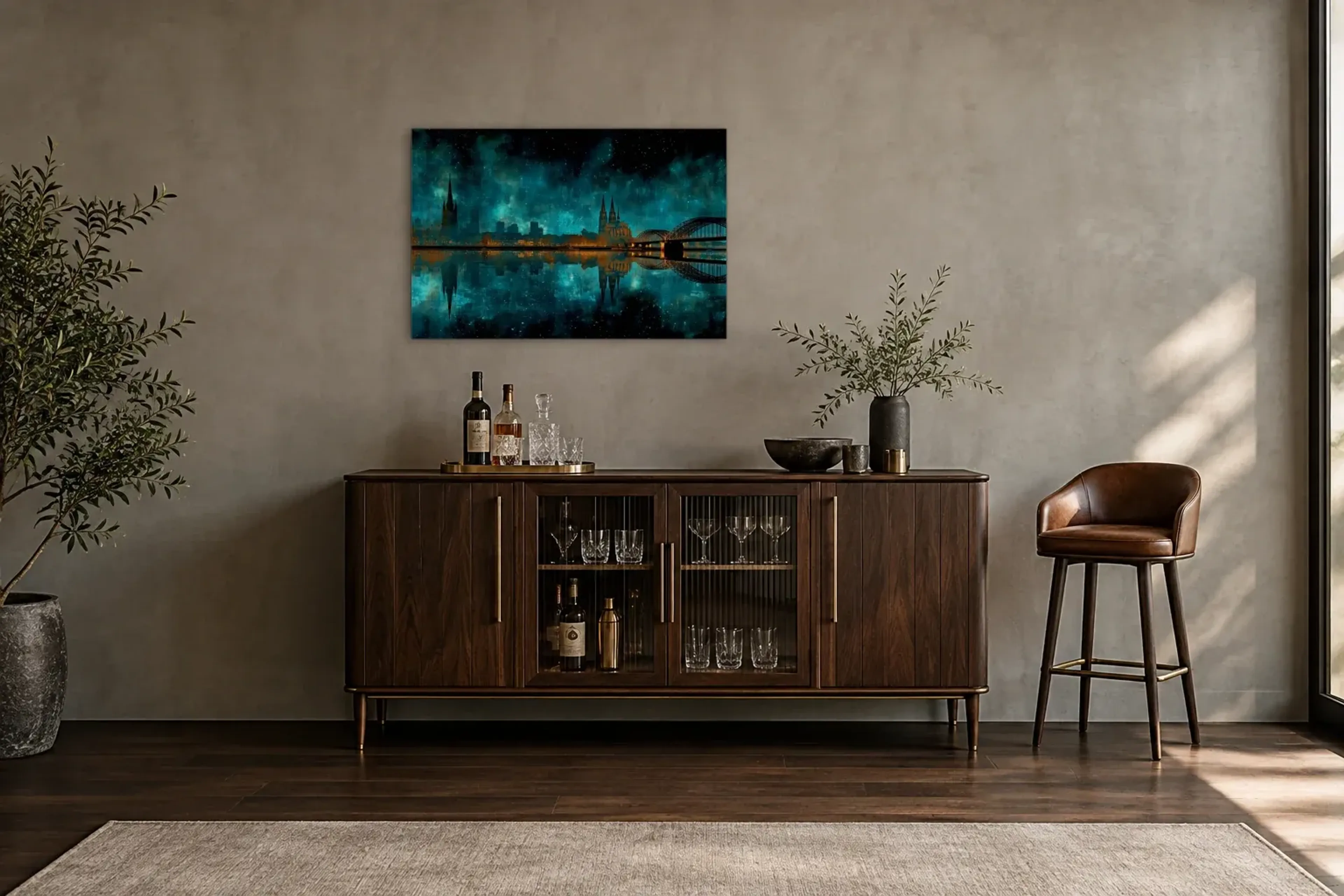 Köln im Türkislicht als Wandbild über einem 150-cm-Barschrank