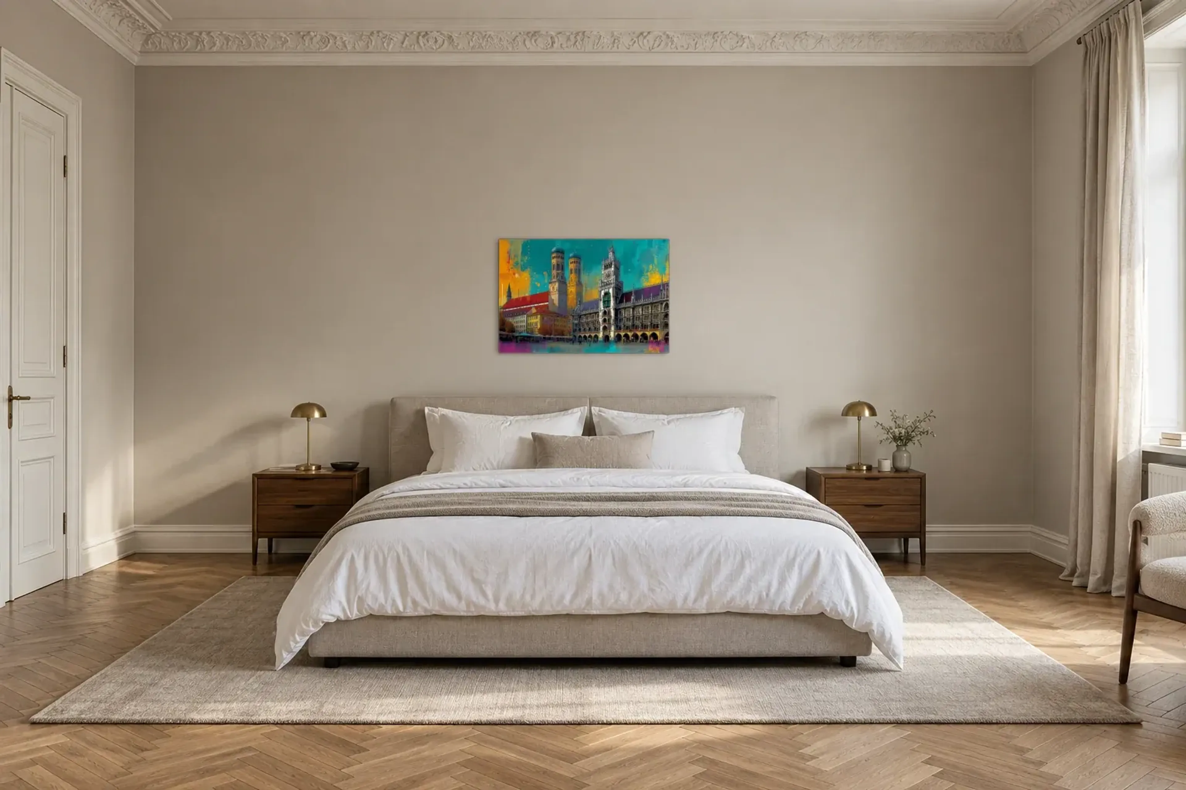 München in Türkis und Gold als Wandbild über einem 180-cm-Bett