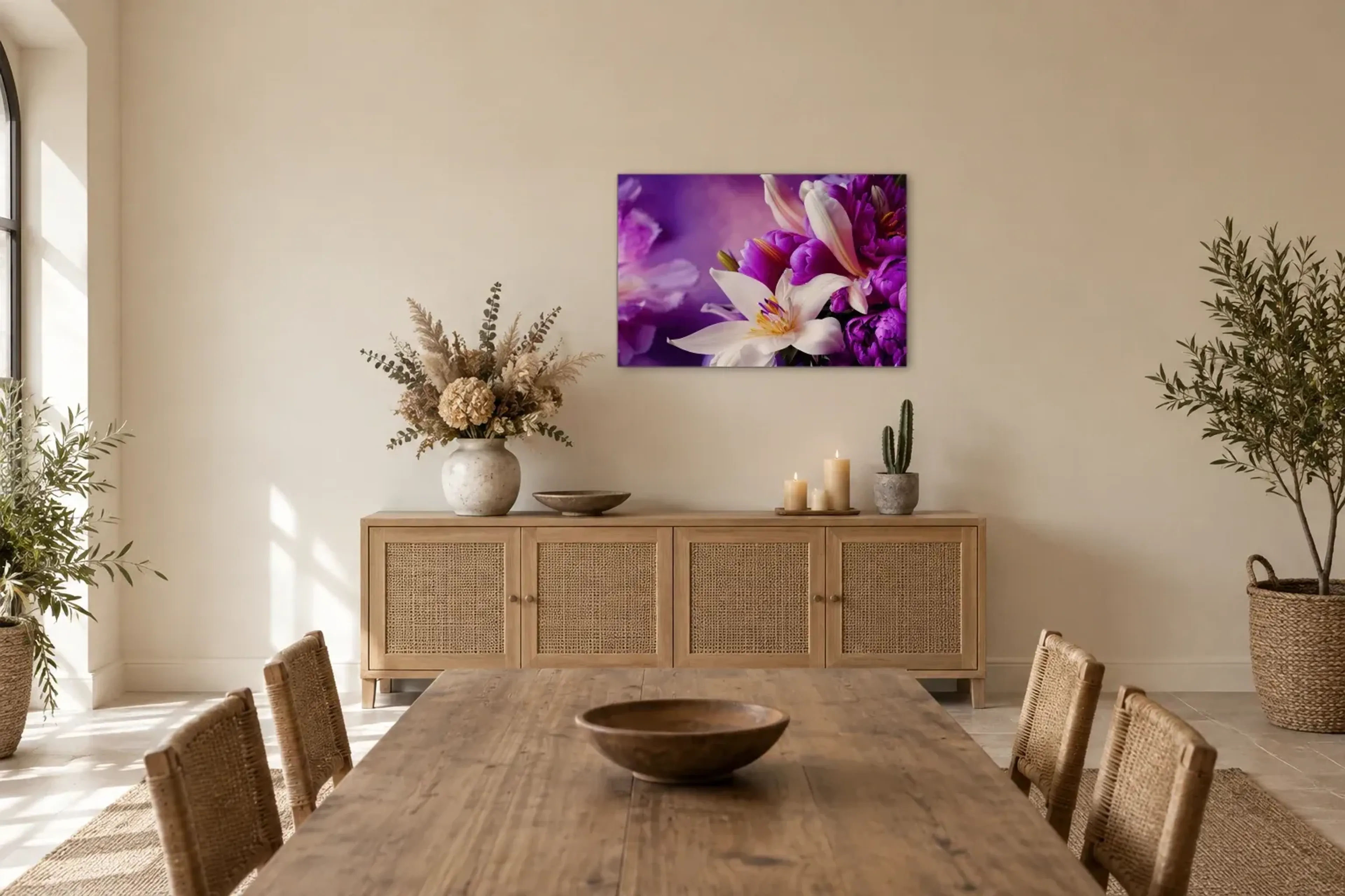 Weiße Lilien in Violett als Wandbild über einem 160-cm-Sideboard