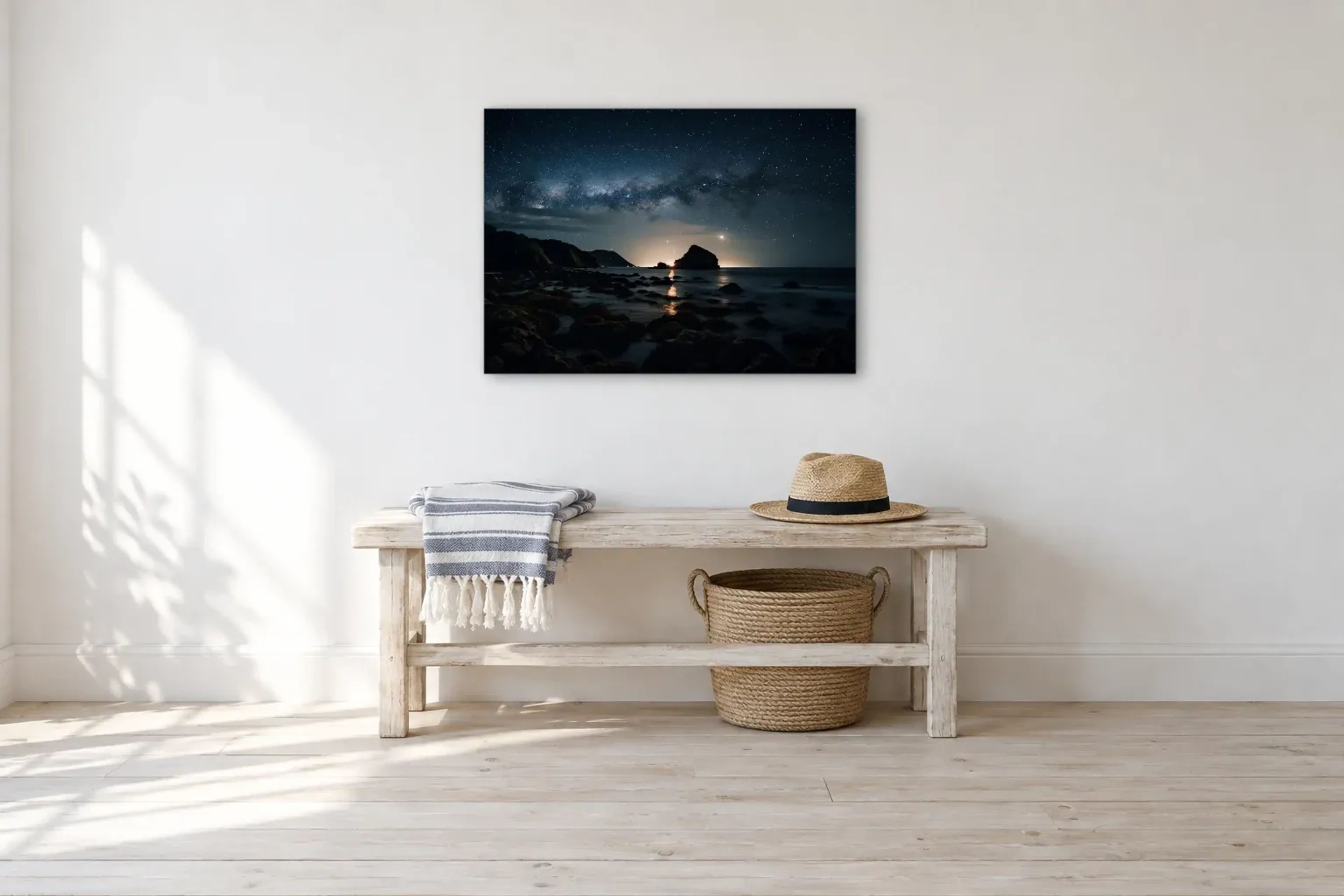 Sternenhimmel am Strand als Wandbild über einer 100-cm-Bank