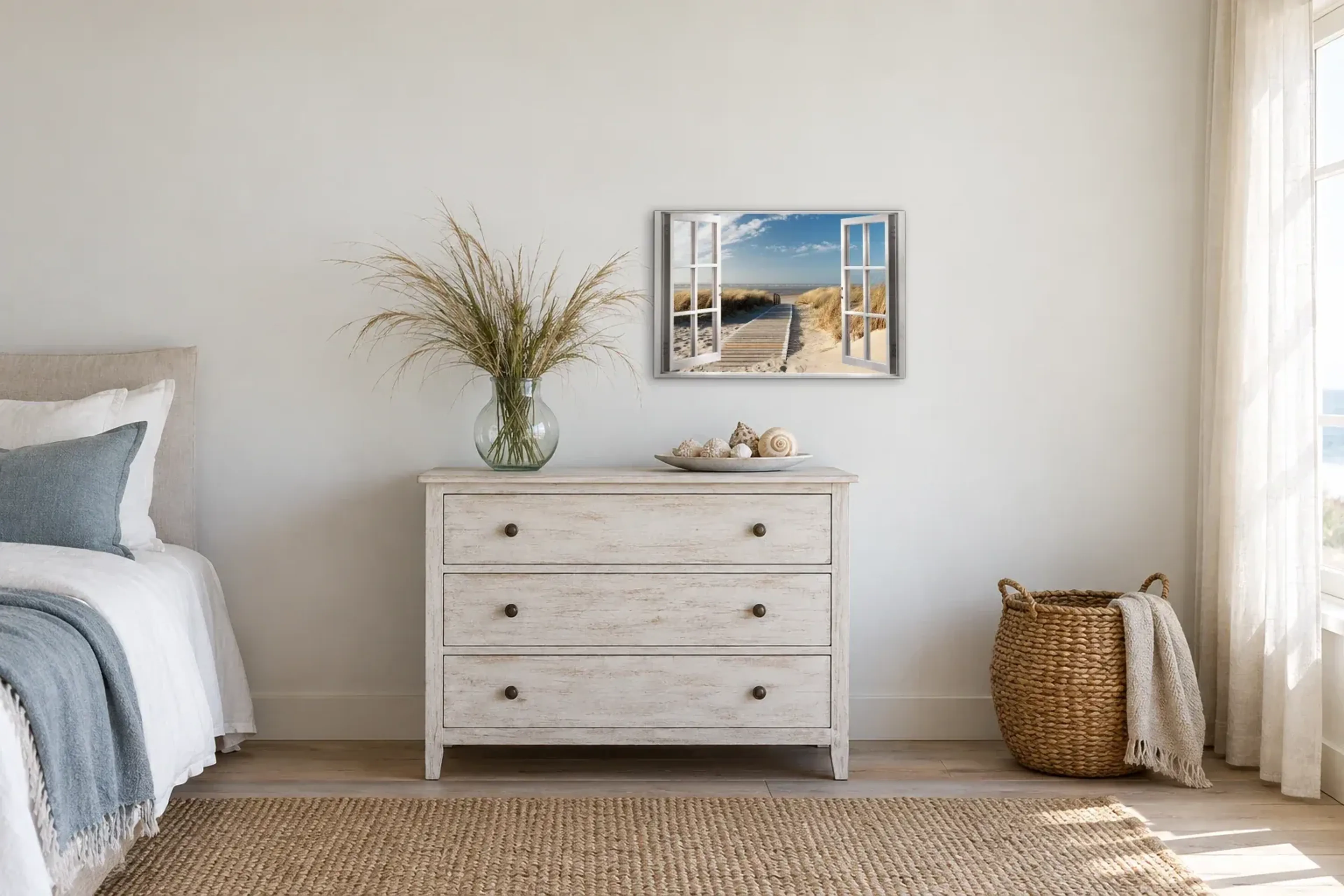 Dünenweg zum Meer als Wandbild über einer 90-cm-Kommode