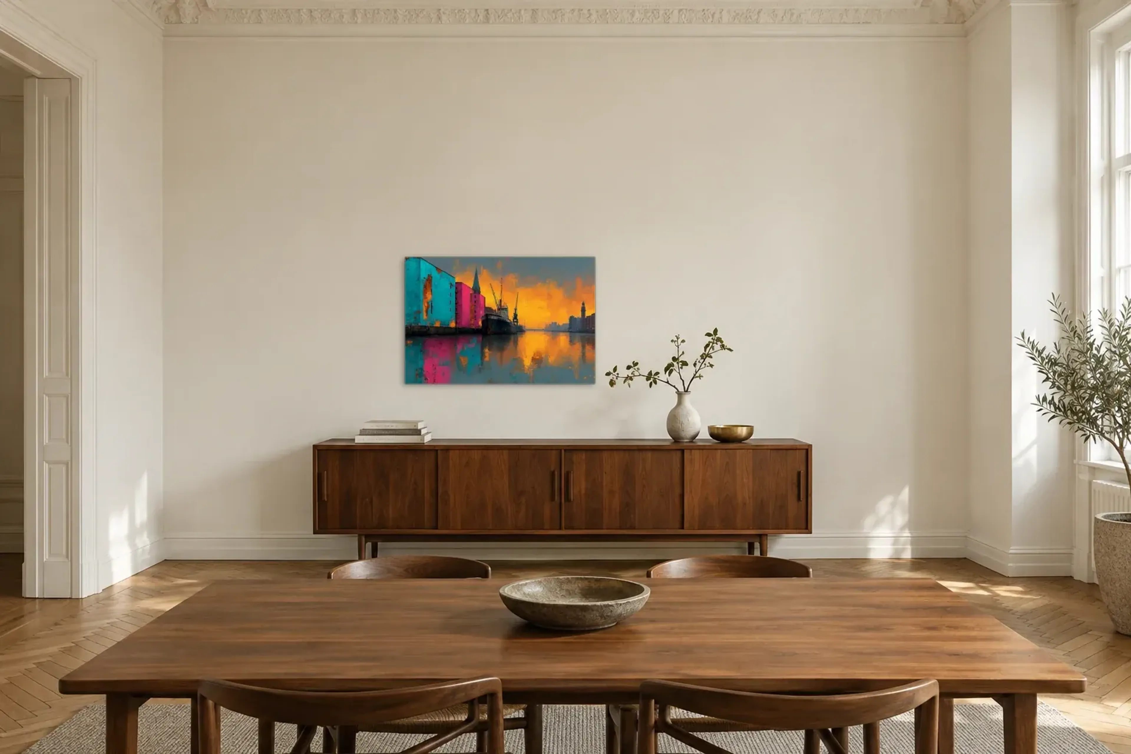 Hafen im Orangeglühen als Wandbild über einem 200-cm-Sideboard