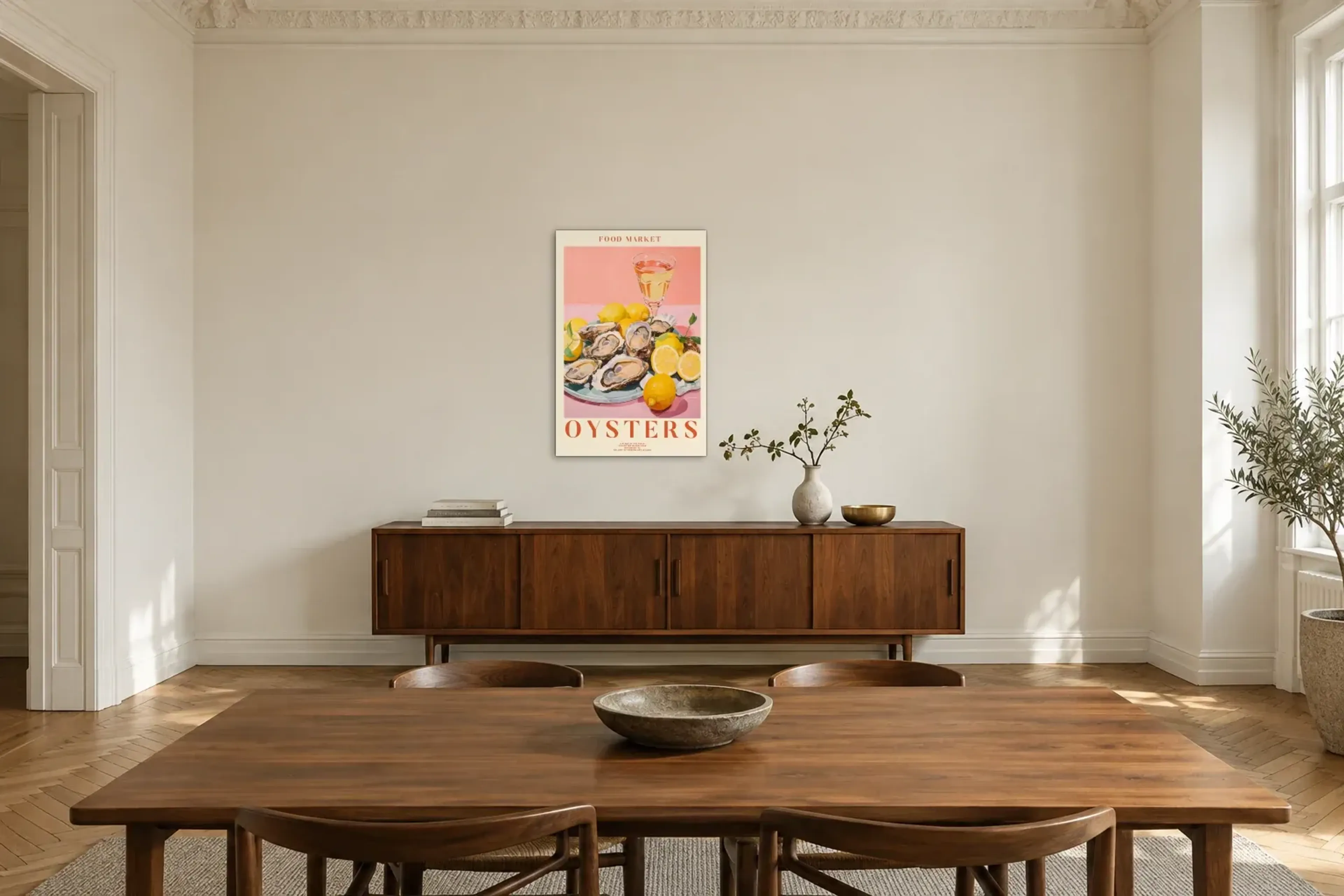 Austern und Zitronen als Wandbild über einem 200-cm-Sideboard