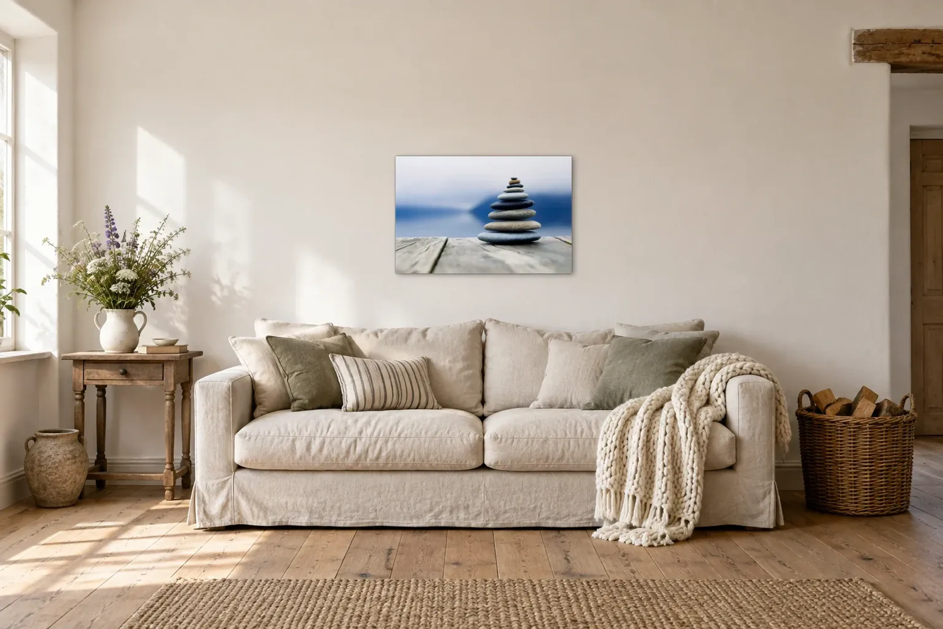 Steinturm am See als Wandbild über einem 220-cm-Sofa