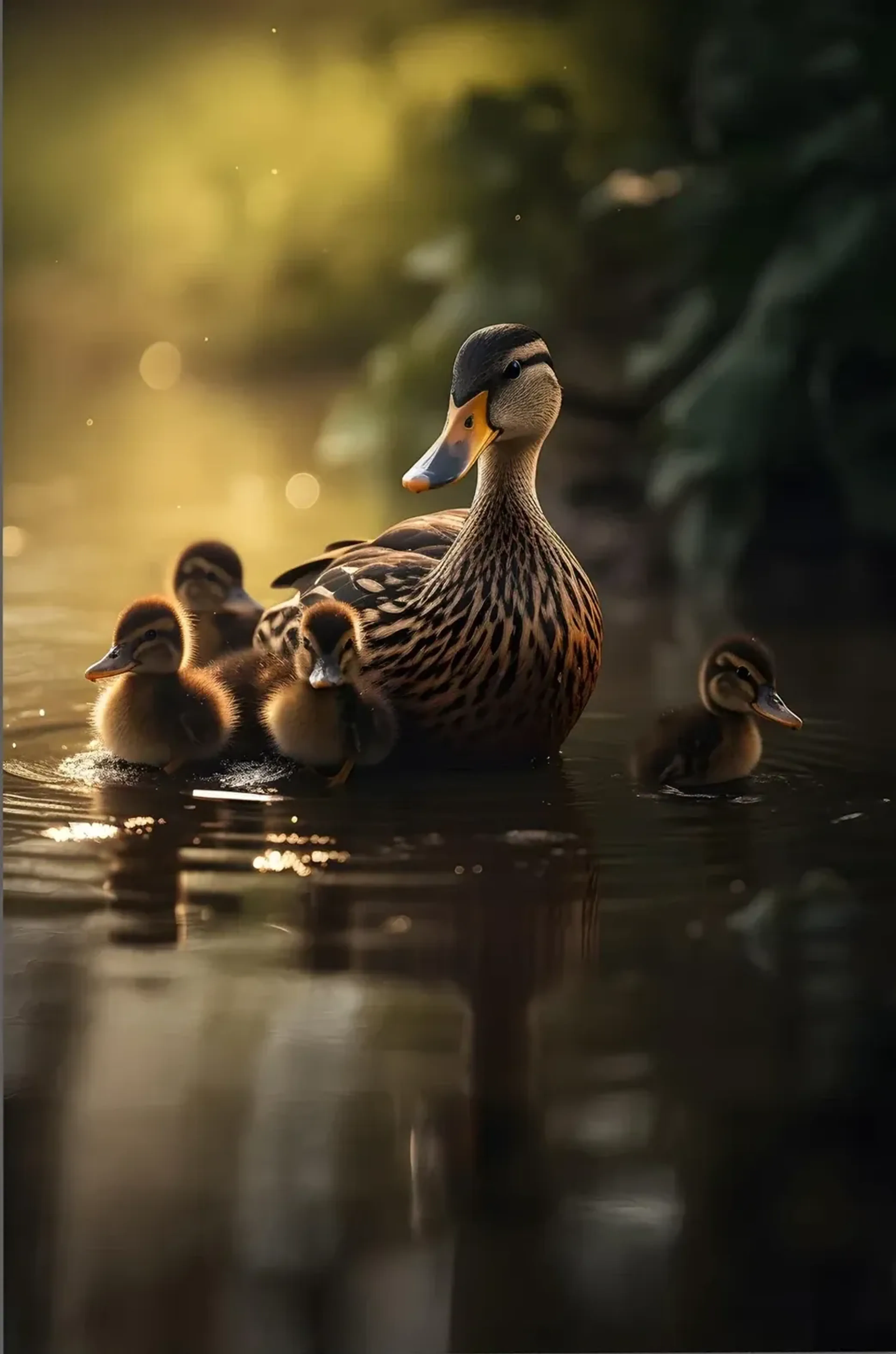 Eine braune Ente schwimmt mit mehreren Küken auf dunklem Wasser im goldenen Gegenlicht.
