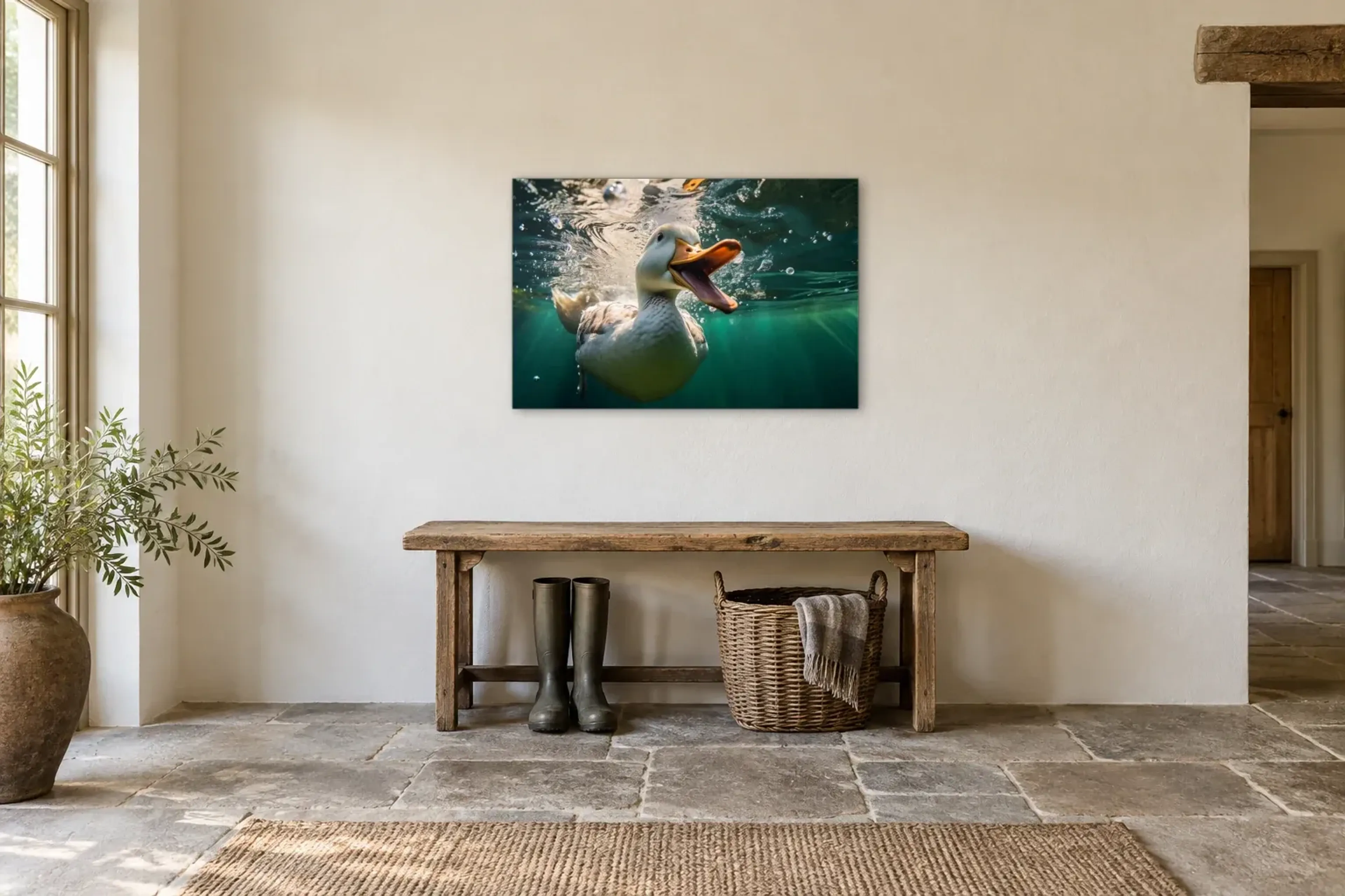 Ente unter Wasser als Wandbild über einer 120-cm-Bank