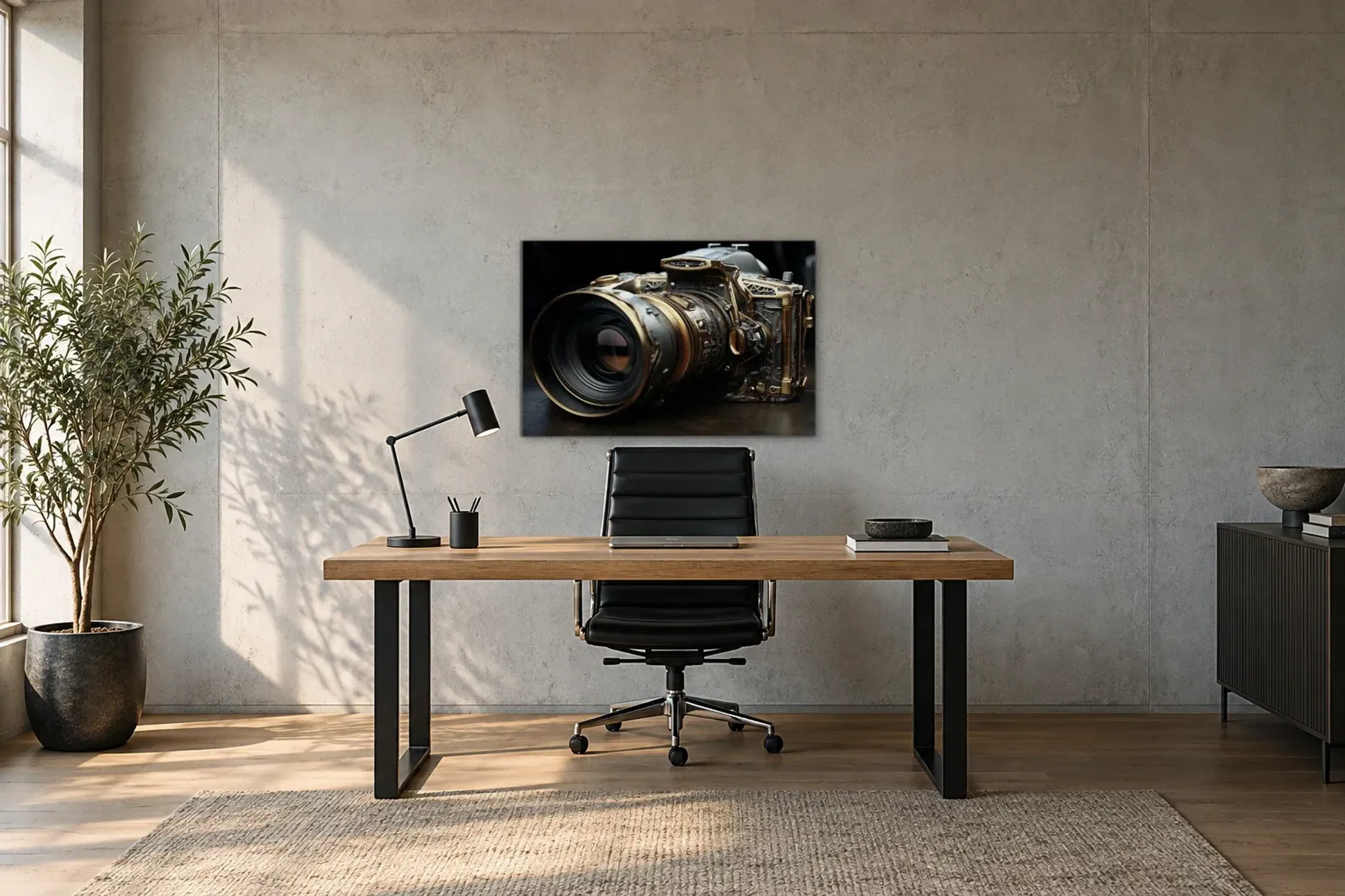 Kamera Steampunk als Wandbild über einem 160-cm-Schreibtisch