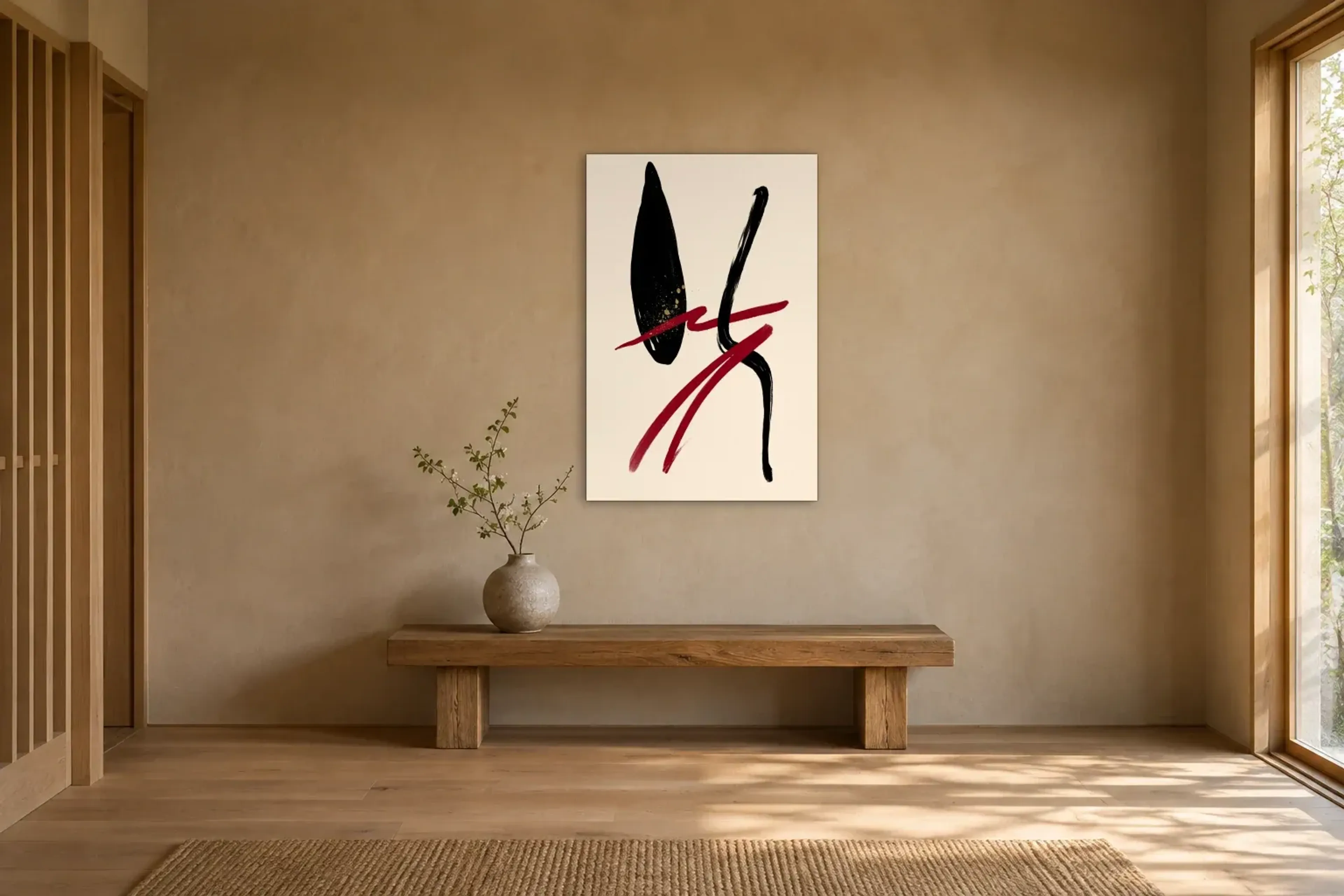 Schwünge in Schwarz und Rot als Wandbild über einer 120-cm-Holzbank