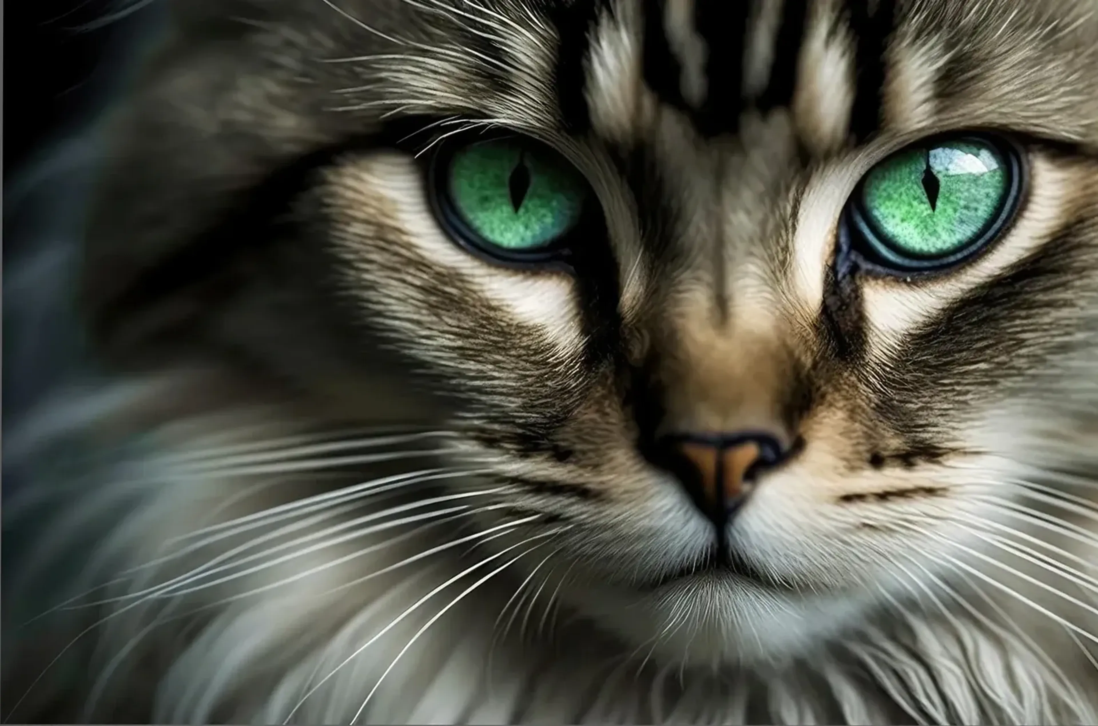 Nahaufnahme einer langhaarigen, getigerten Katze mit grünen Augen, dunkler Nase und weißen Schnurrhaaren.