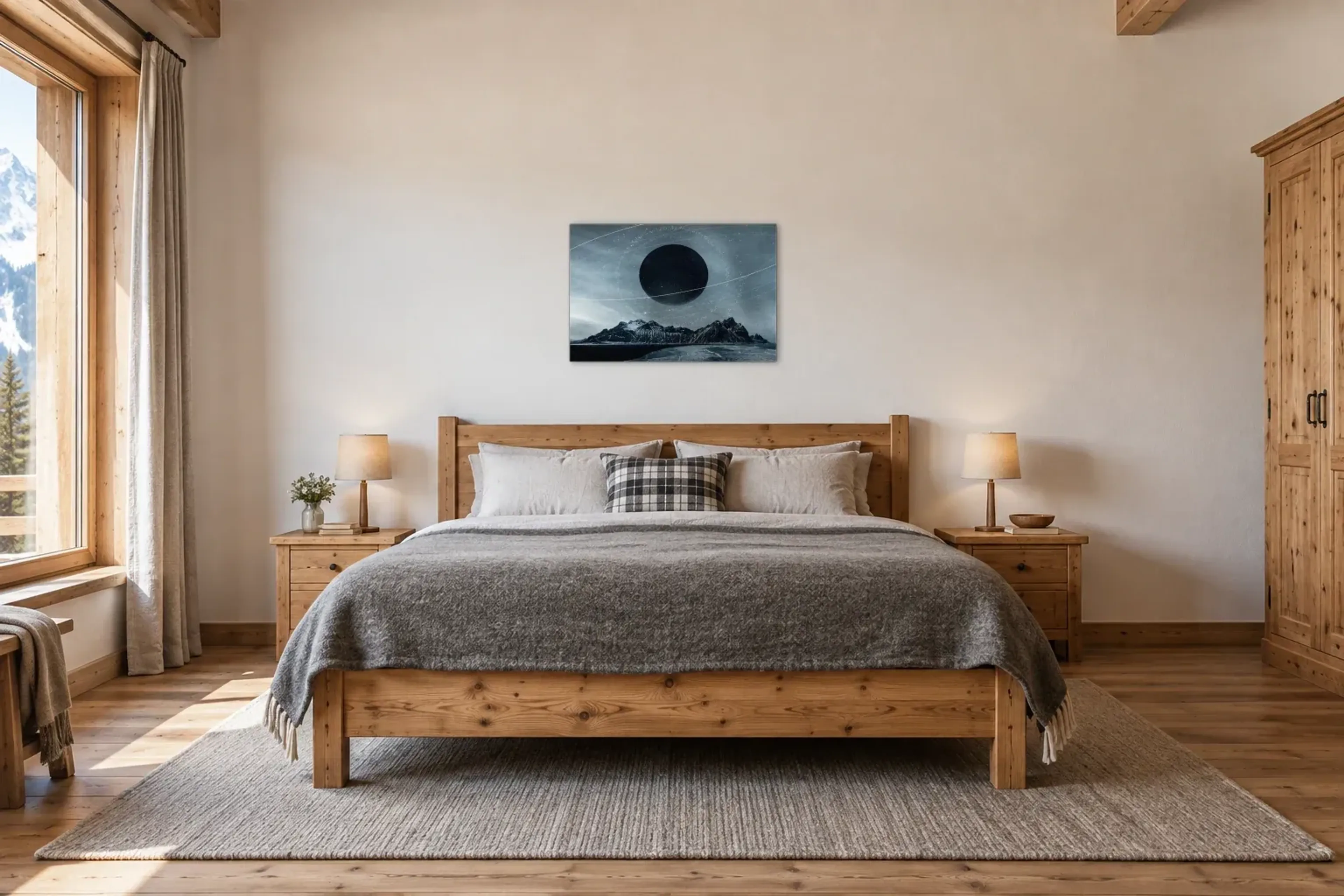 Dunkler Planet über Bergen als Wandbild über einem 180-cm-Bett