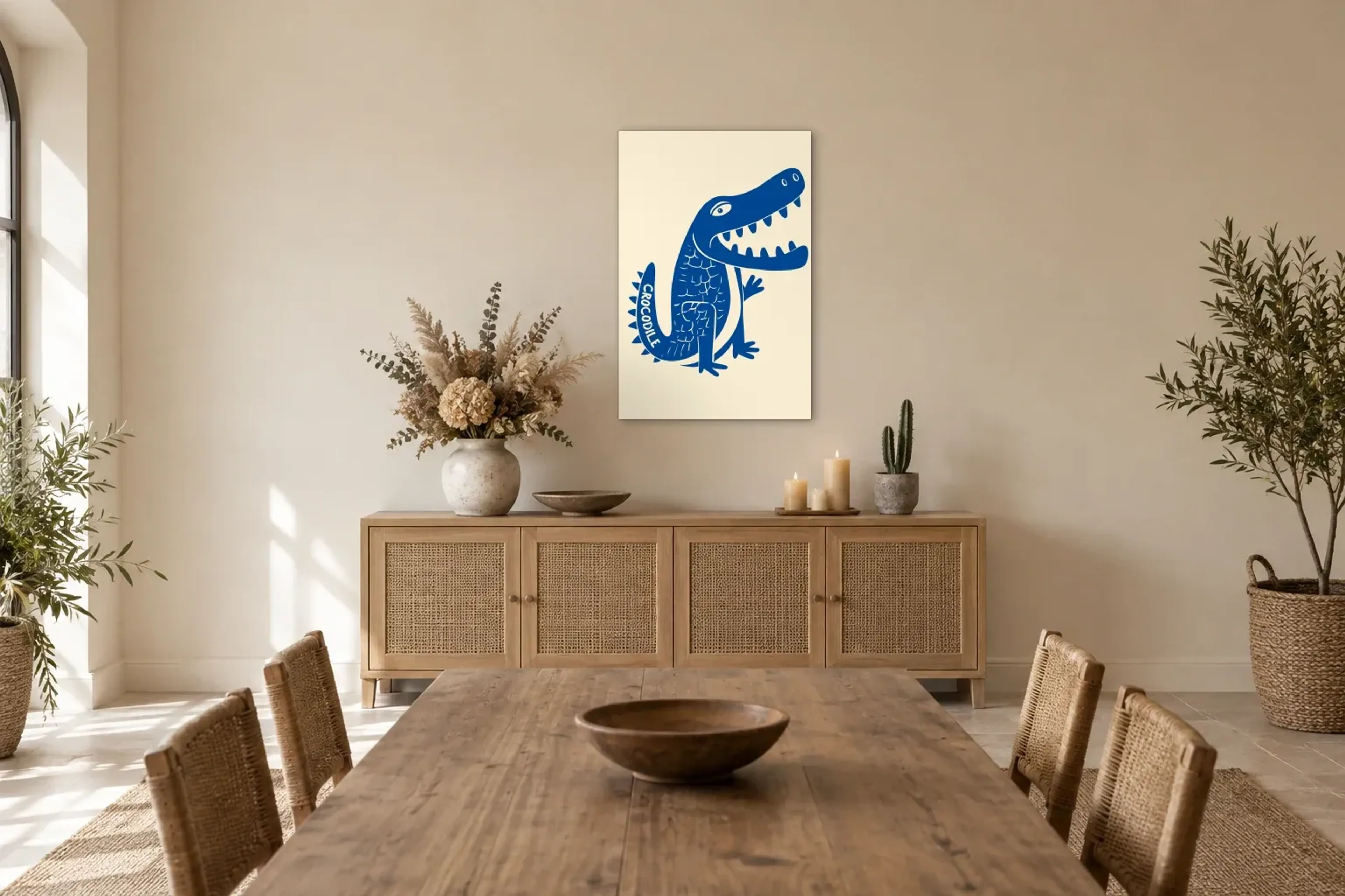 Krokodil blau als Wandbild über einem 160-cm-Sideboard