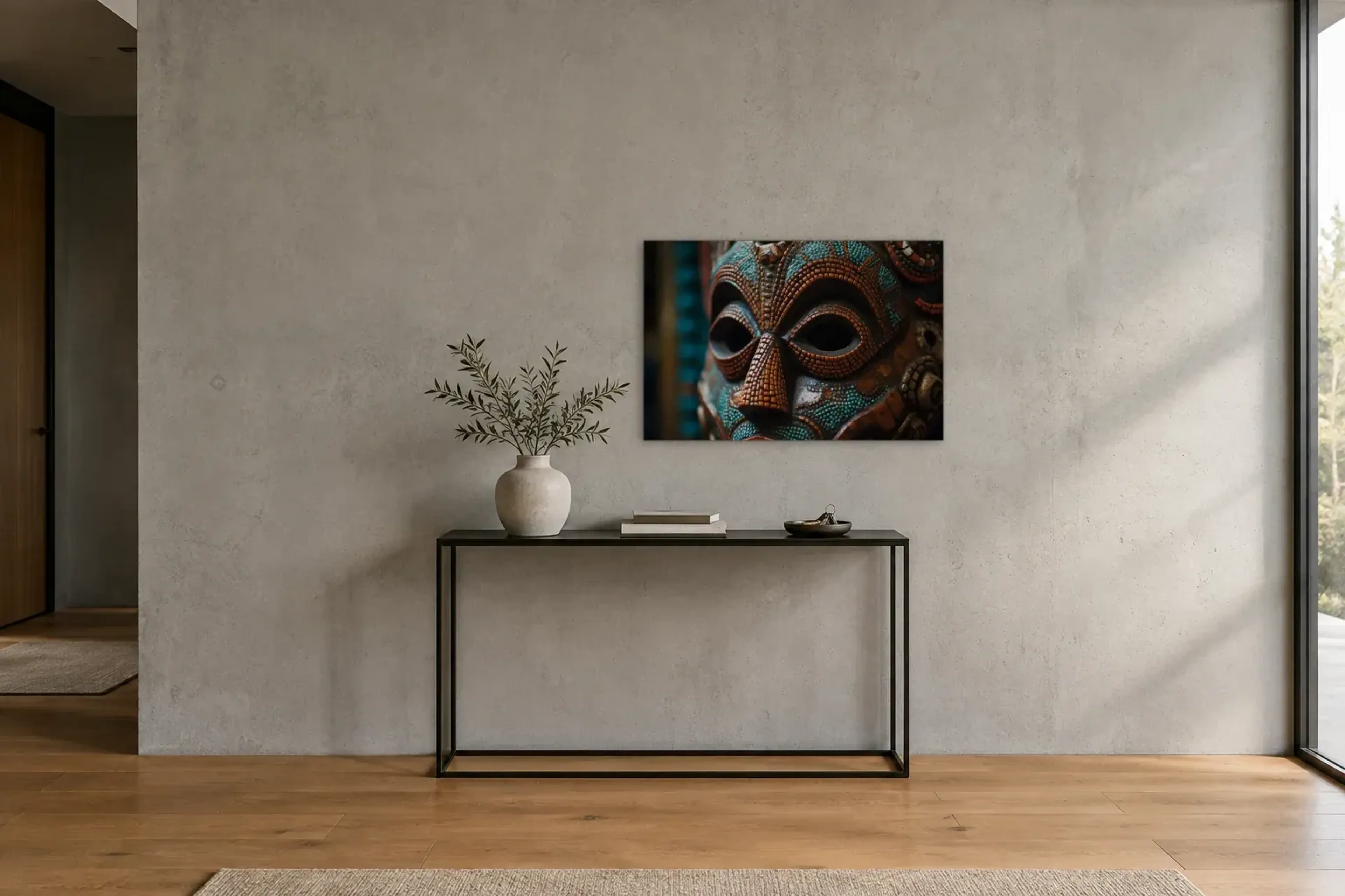 Maske in Türkis und Kupfer als Wandbild über einer 120-cm-Konsole