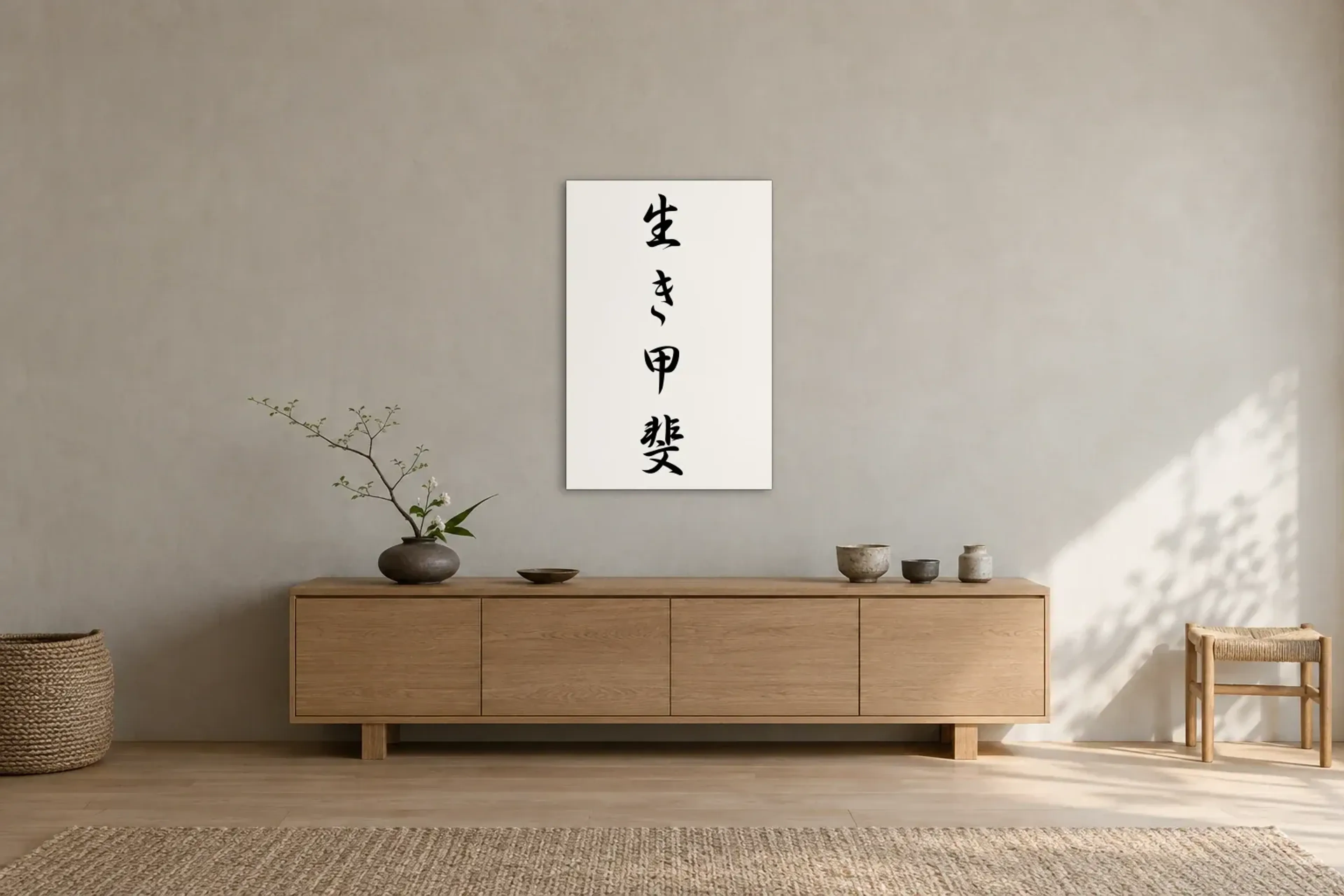Ikigai in Schwarz-Weiß als Wandbild über einem 180-cm-Sideboard