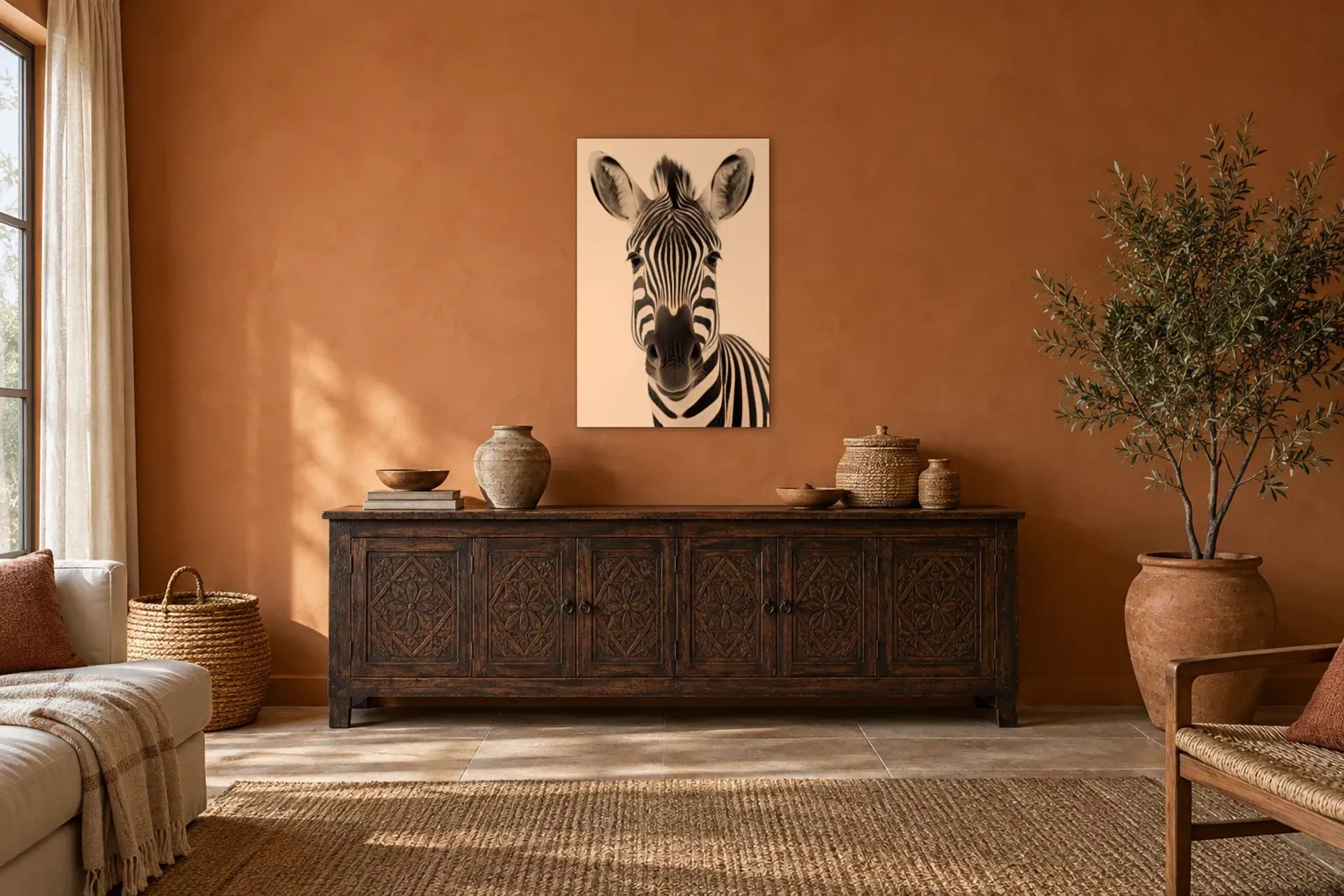 Zebra frontal als Wandbild über einem 180-cm-Sideboard