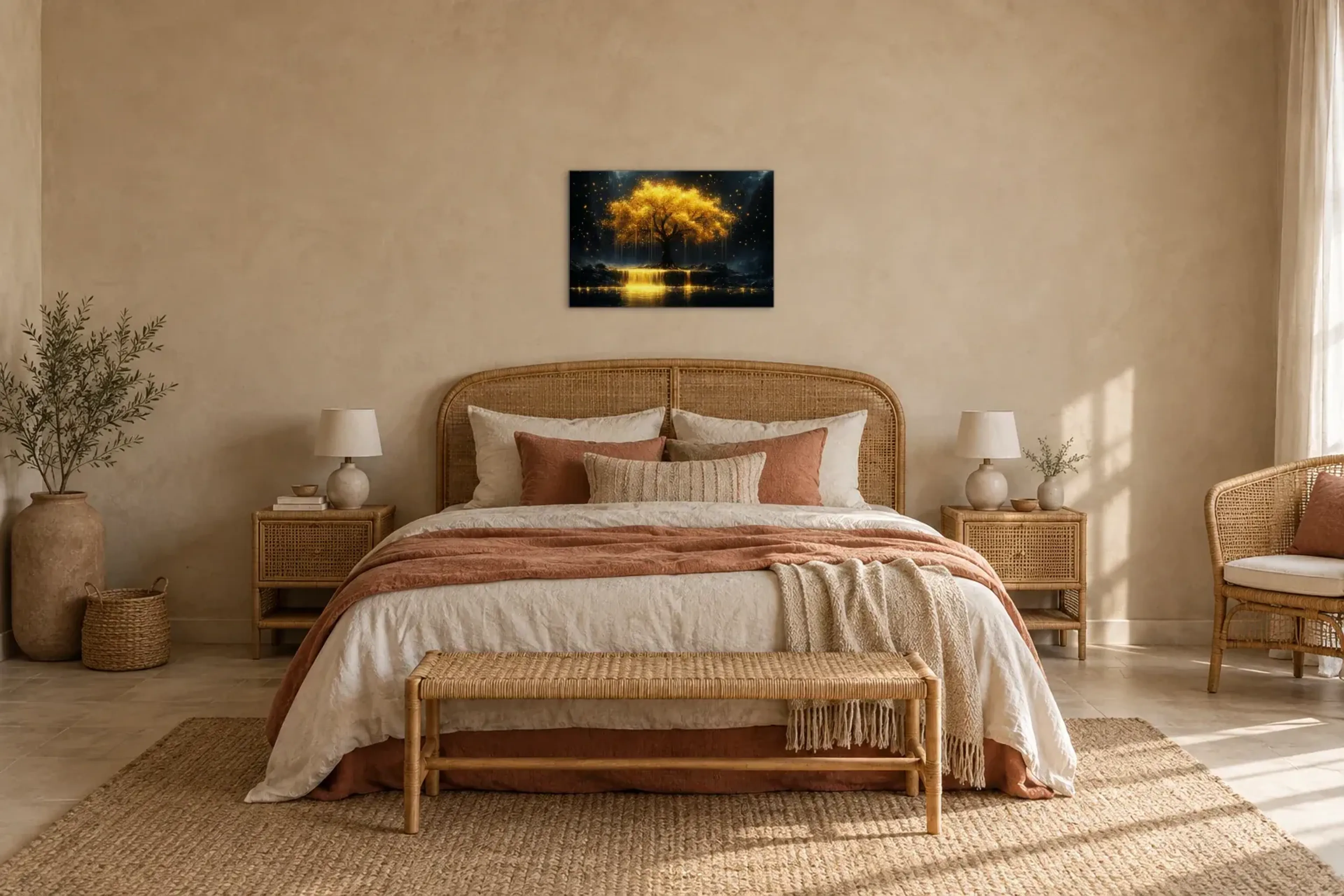 Goldener Baum am Wasserfall als Wandbild über einem 180-cm-Bett