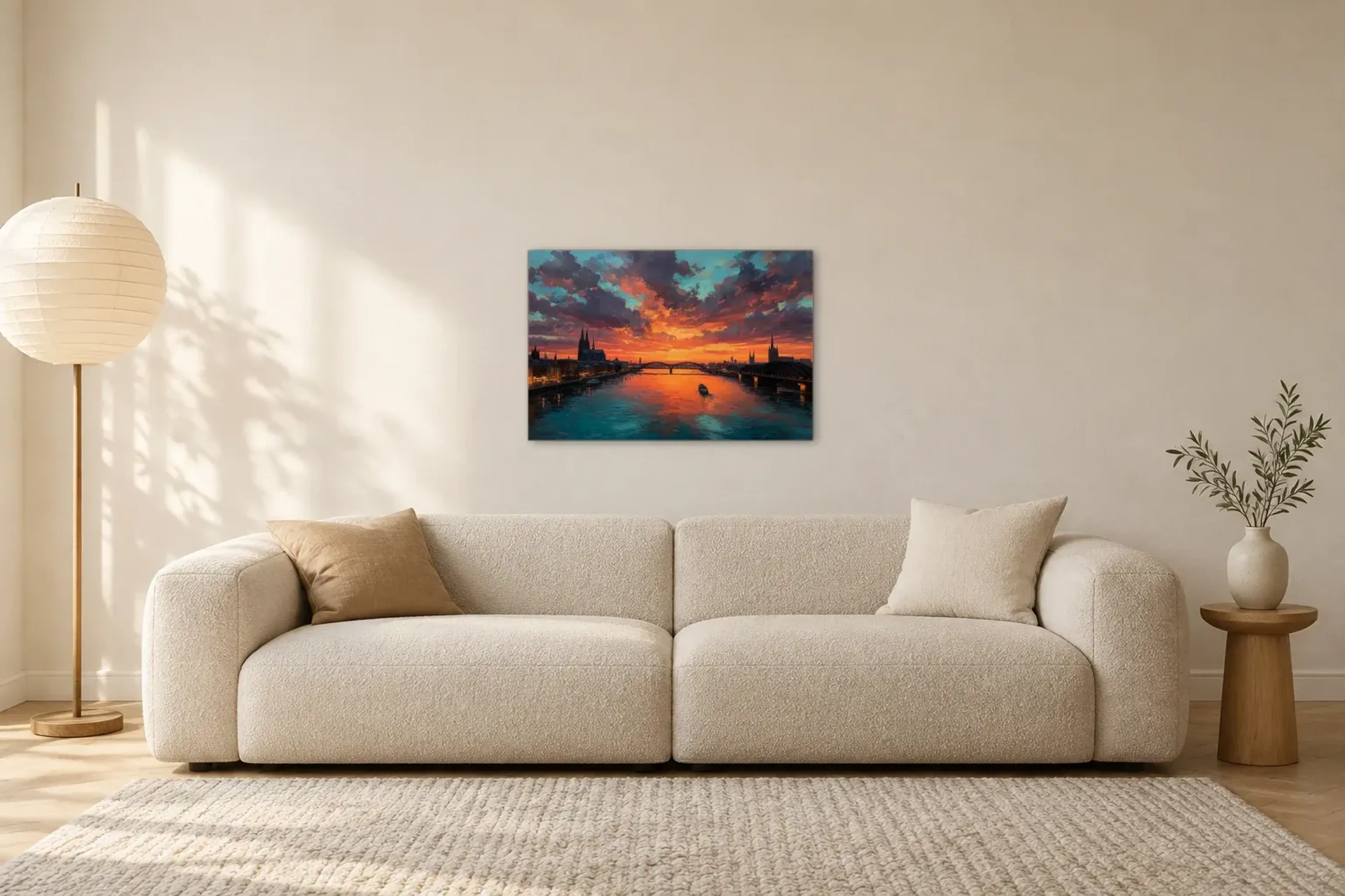 Abendglühen über dem Rhein als Wandbild über einem 230-cm-Sofa