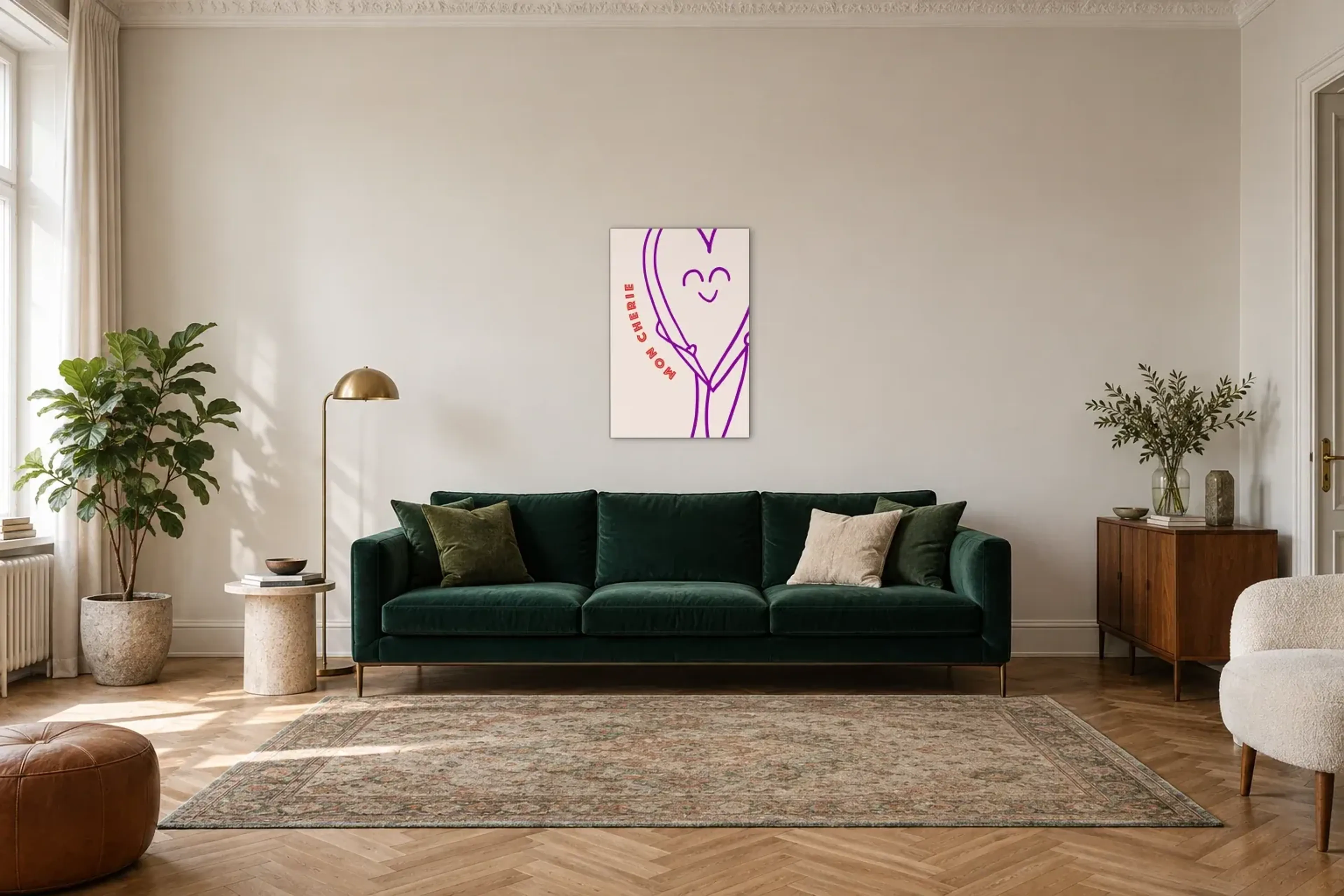Herz Mon Cherie als Wandbild über einem 220-cm-Sofa