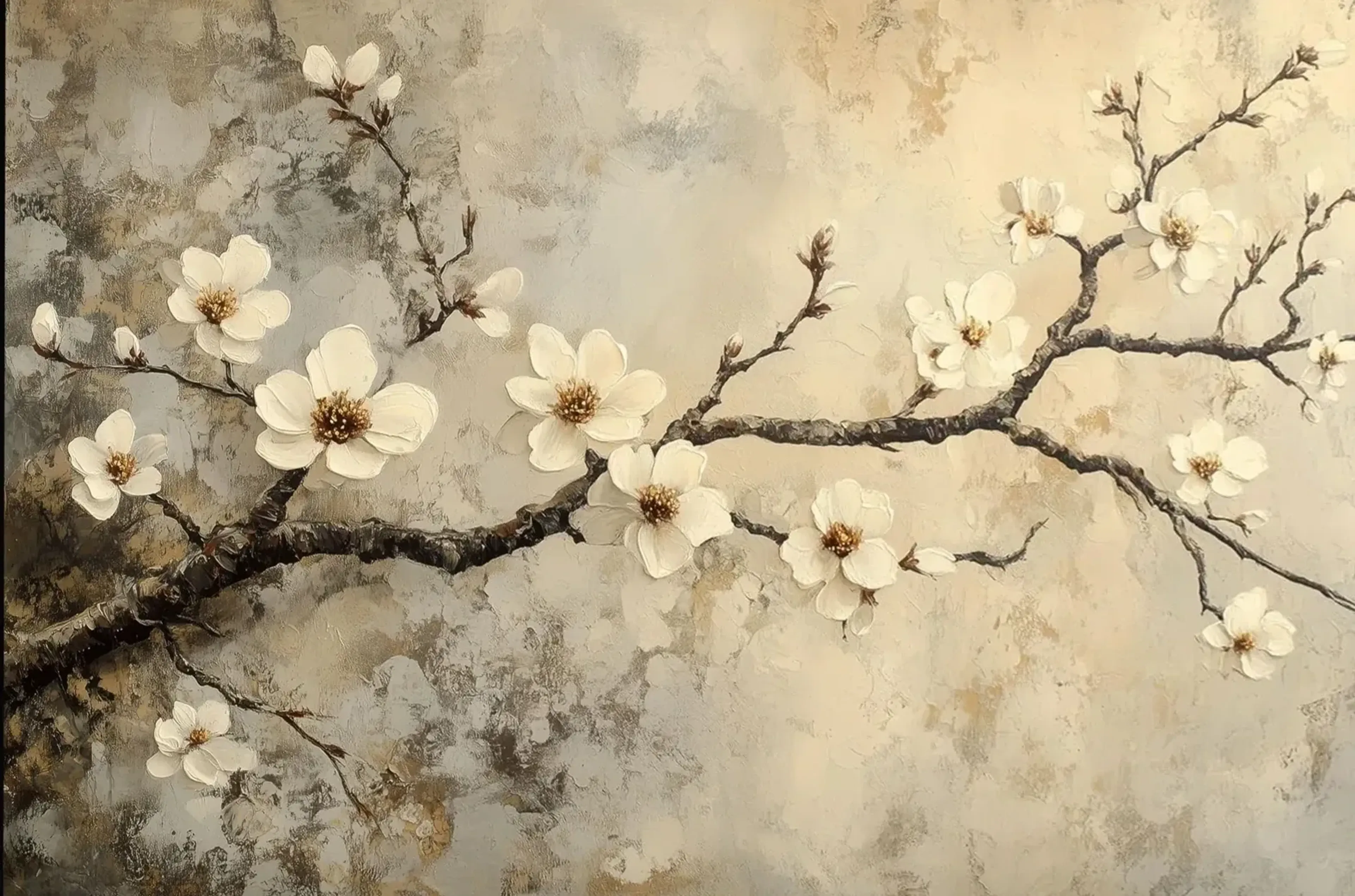 Cremeweiße Mandelblüten an dunklen Zweigen vor einem strukturierten Hintergrund in Beige und Grau.