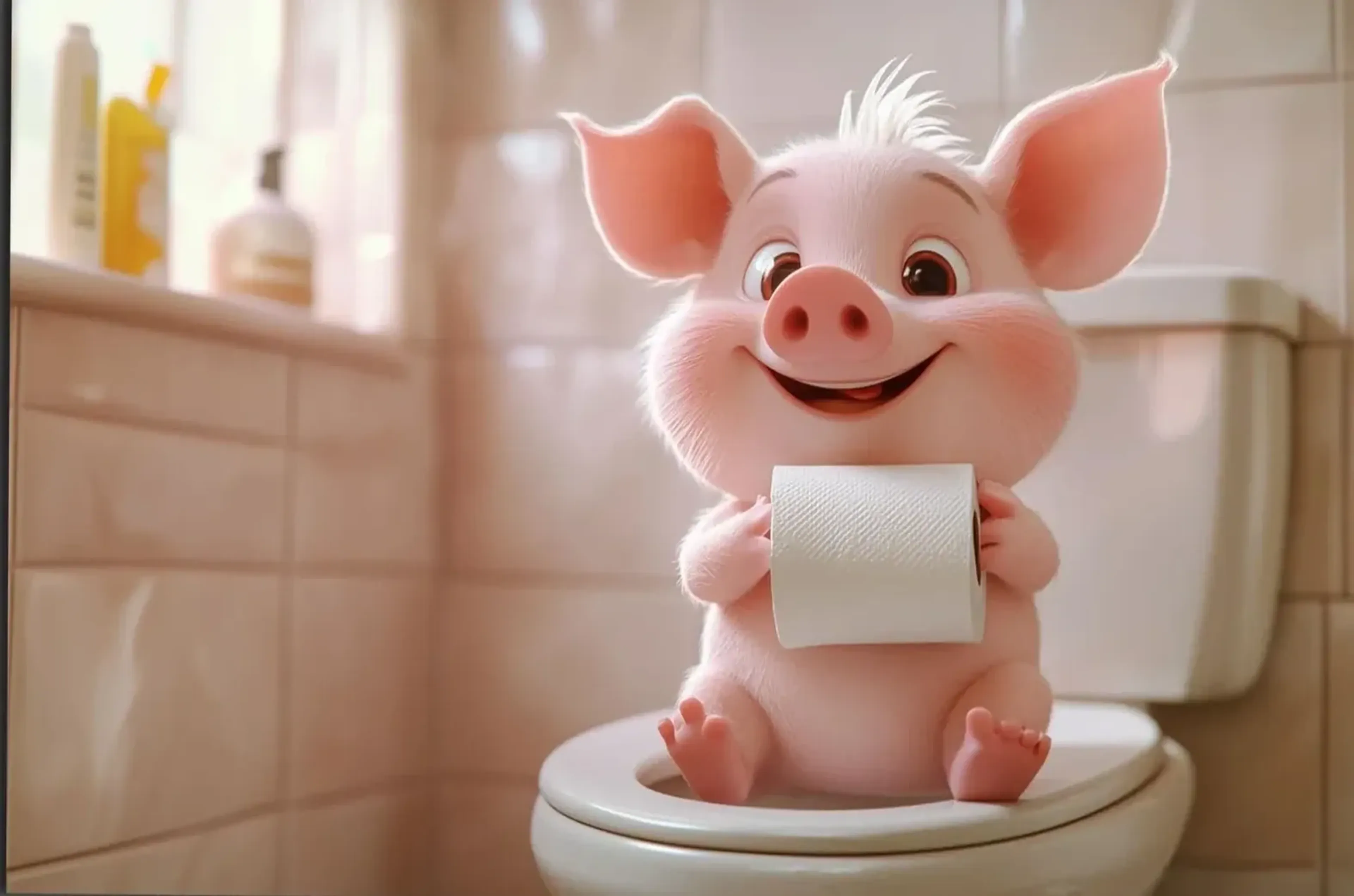 Schweinchen im hellen Bad – Motiv als Wandbild auf Holz