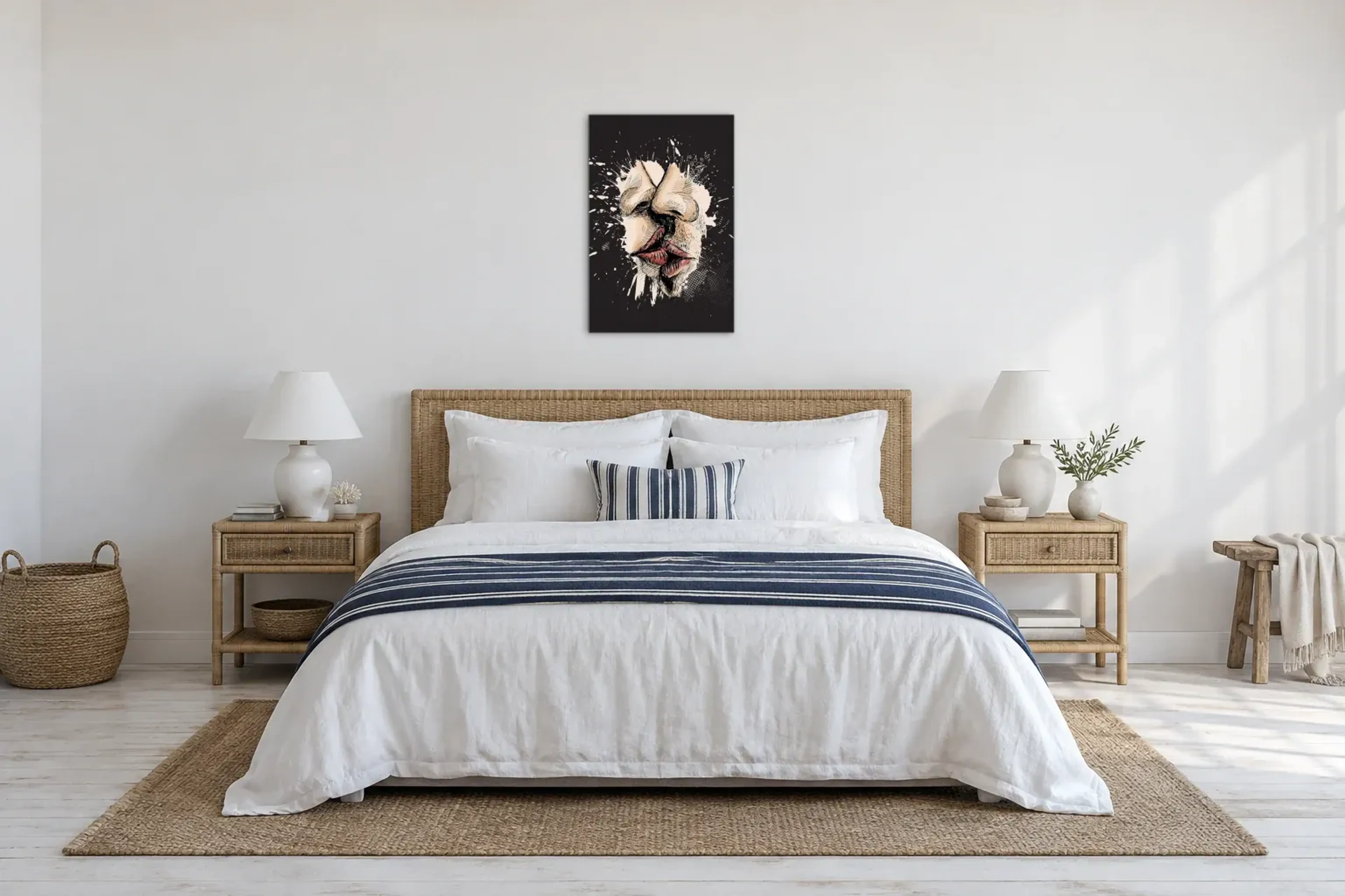 Kuss Pop Art als Wandbild über einem 180-cm-Bett