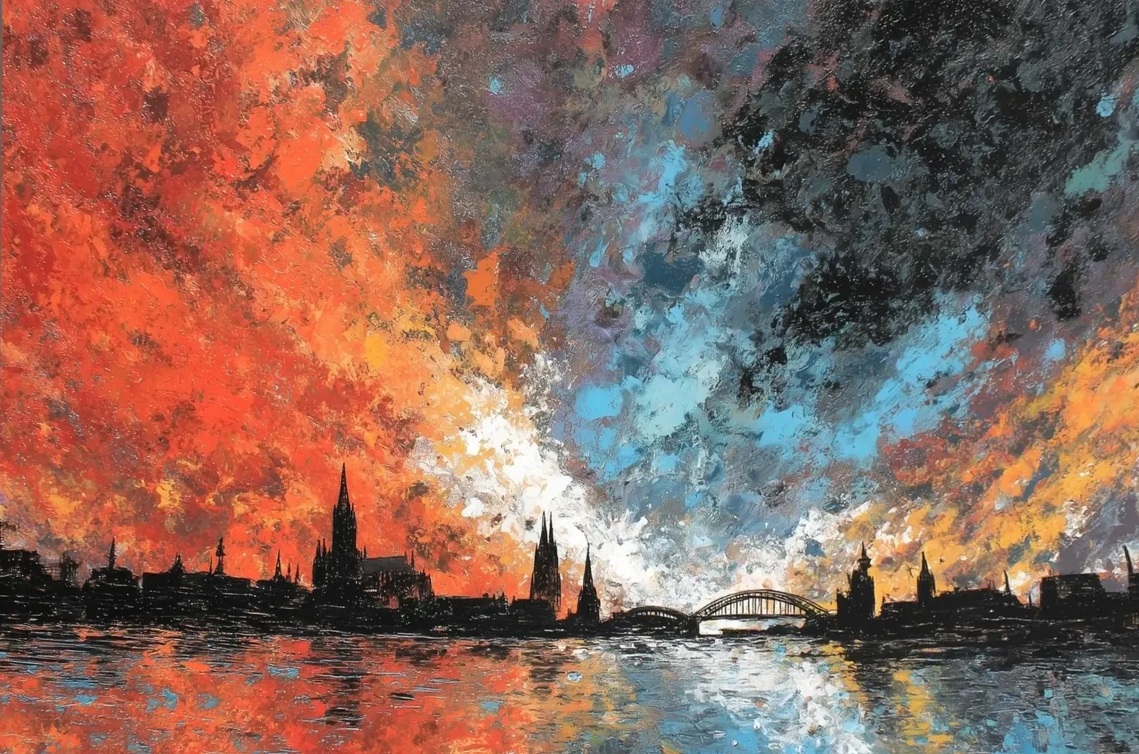 Dunkle Kölner Stadtsilhouette mit Bogenbrücke unter einem orange, blau und schwarz strukturierten Himmel.