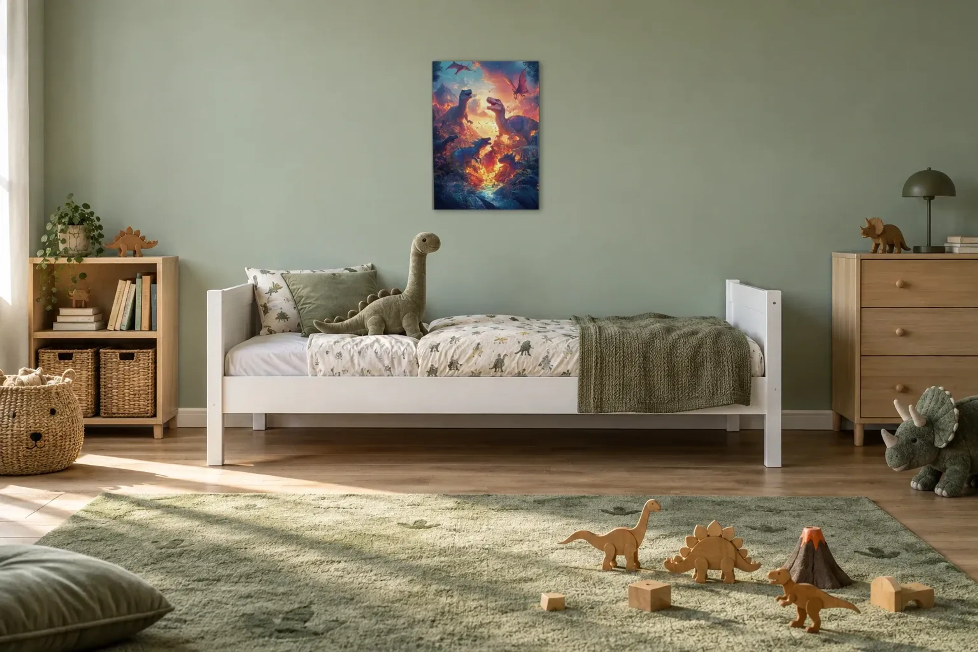 Dinos im Feuertal als Wandbild über einem 200-cm-Kinderbett