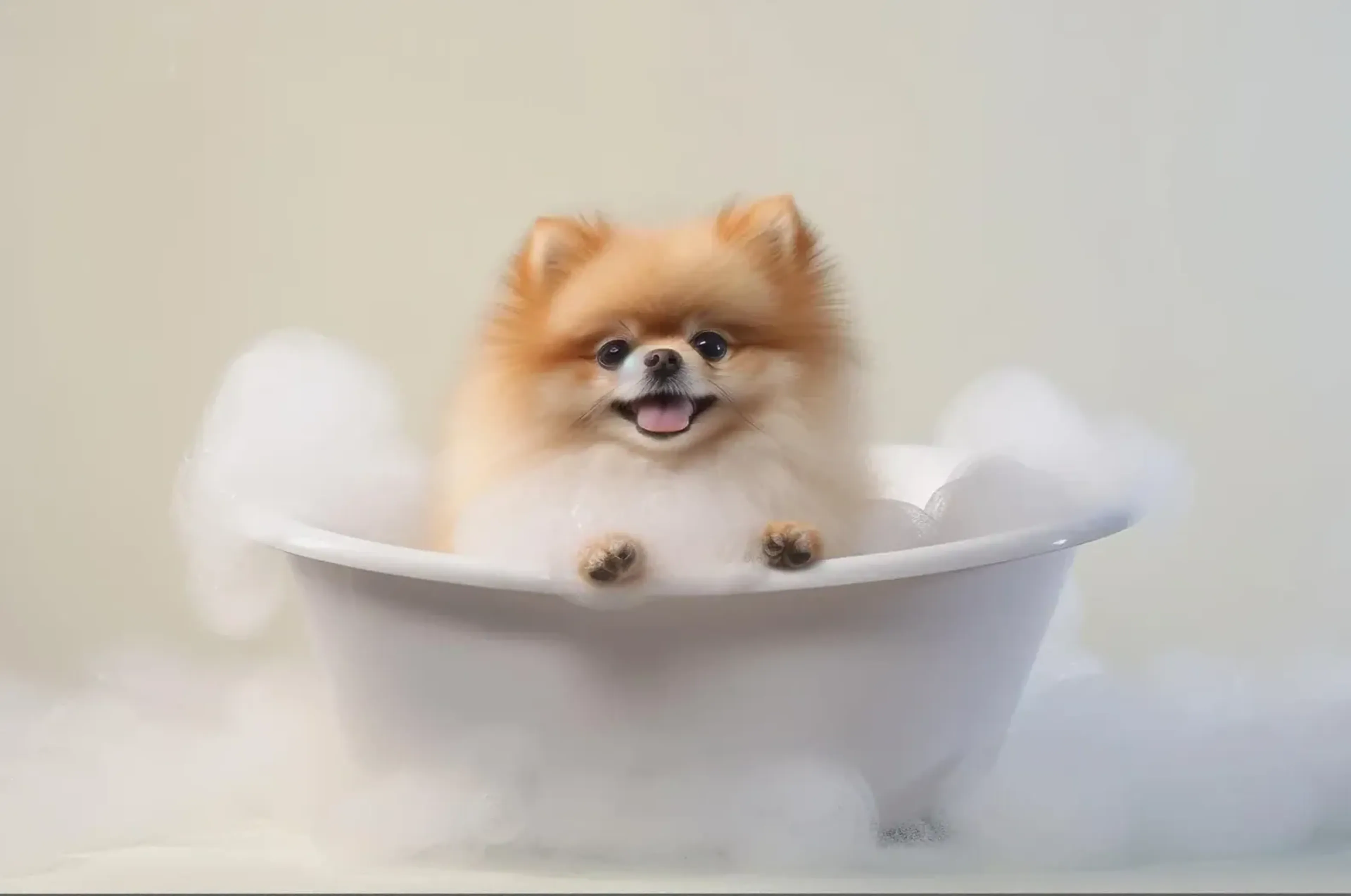 Ein orangebrauner und weißer Pomeranian sitzt mit heraushängender Zunge in einer weißen Badewanne voller Schaum.