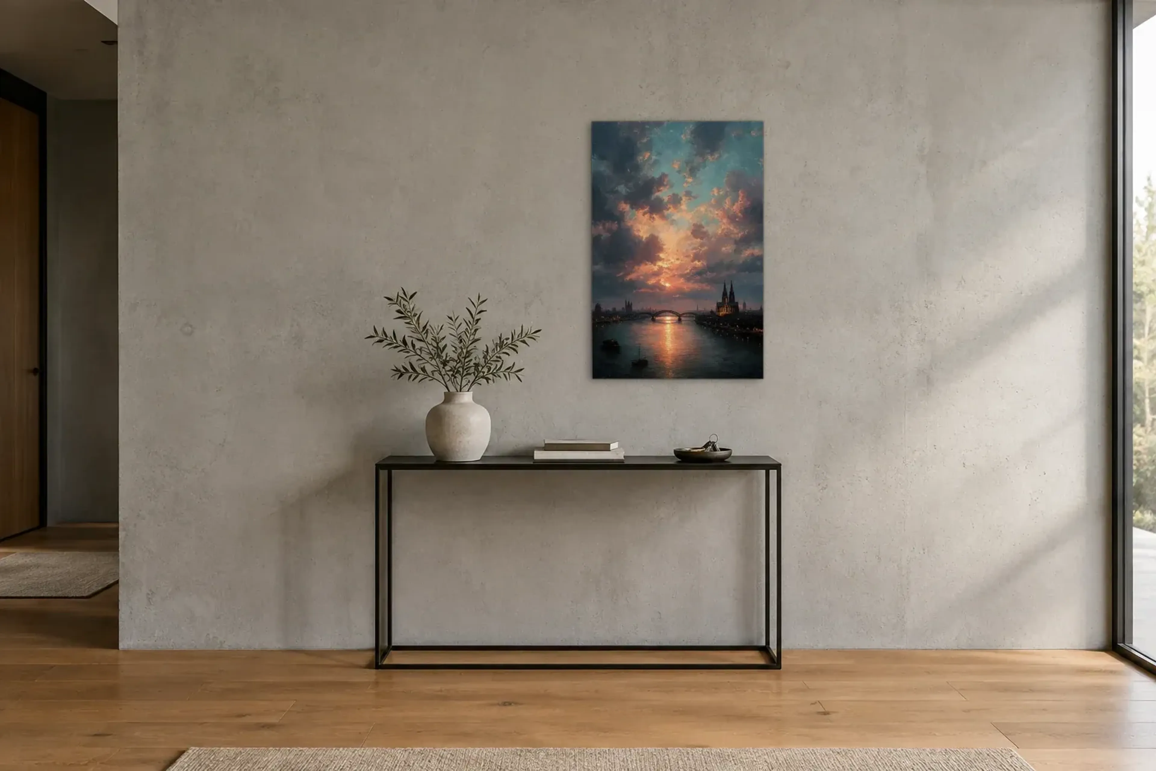Köln im Abendhimmel als Wandbild über einer 120-cm-Konsole