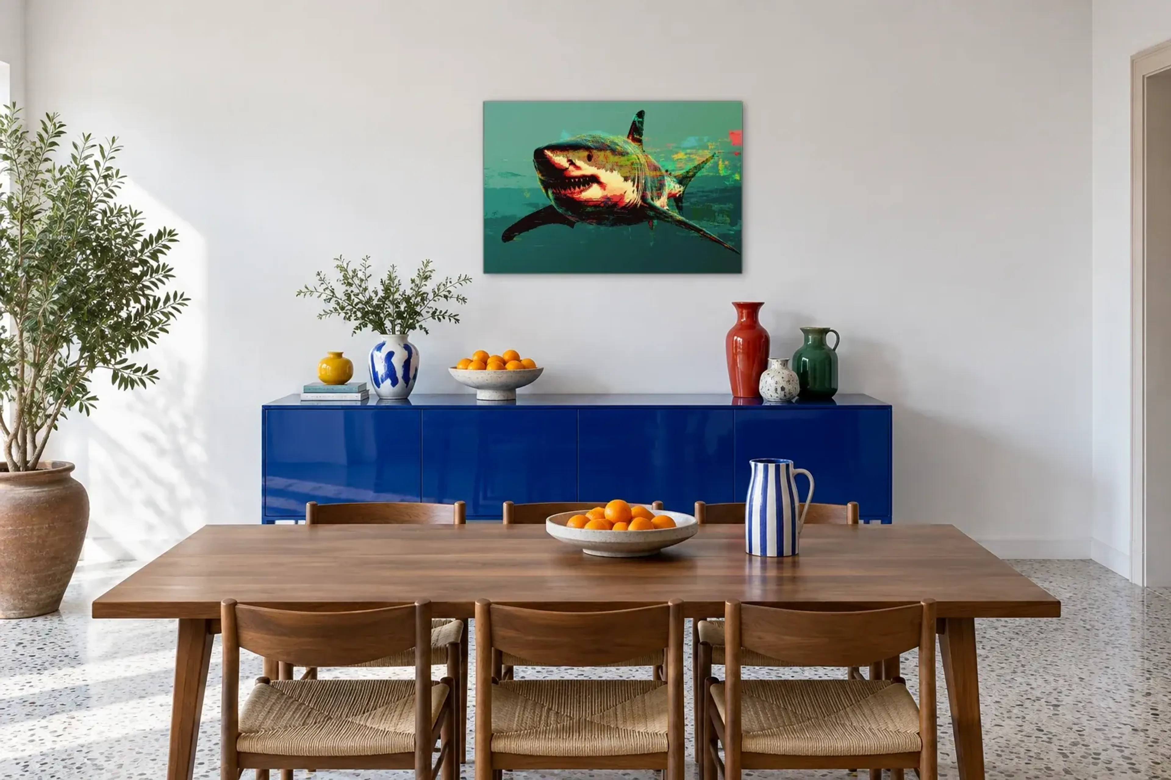 Hai mit offenem Maul als Wandbild über einem 180-cm-Sideboard