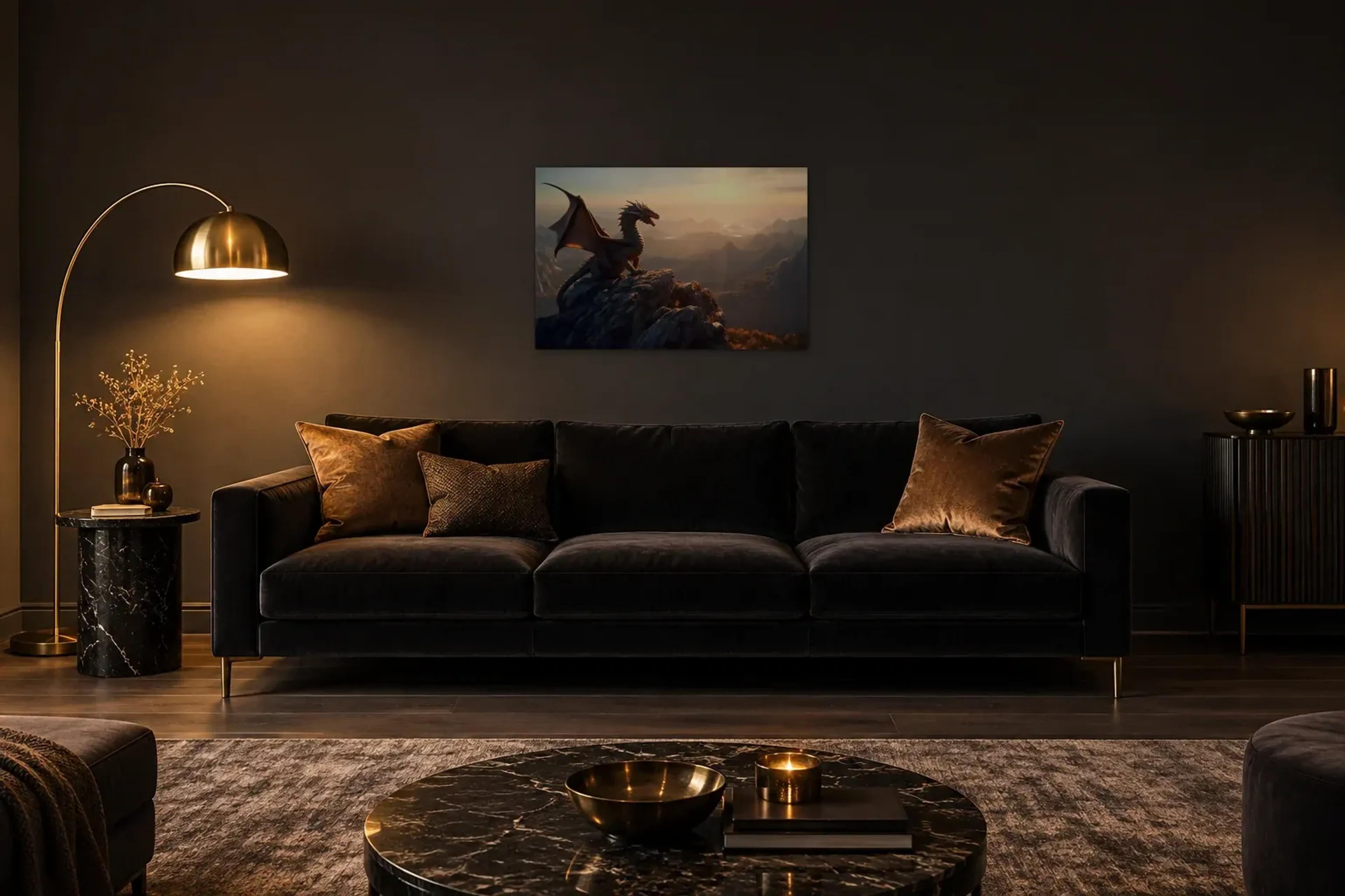 Drache mit Fernblick als Wandbild über einem 220-cm-Sofa