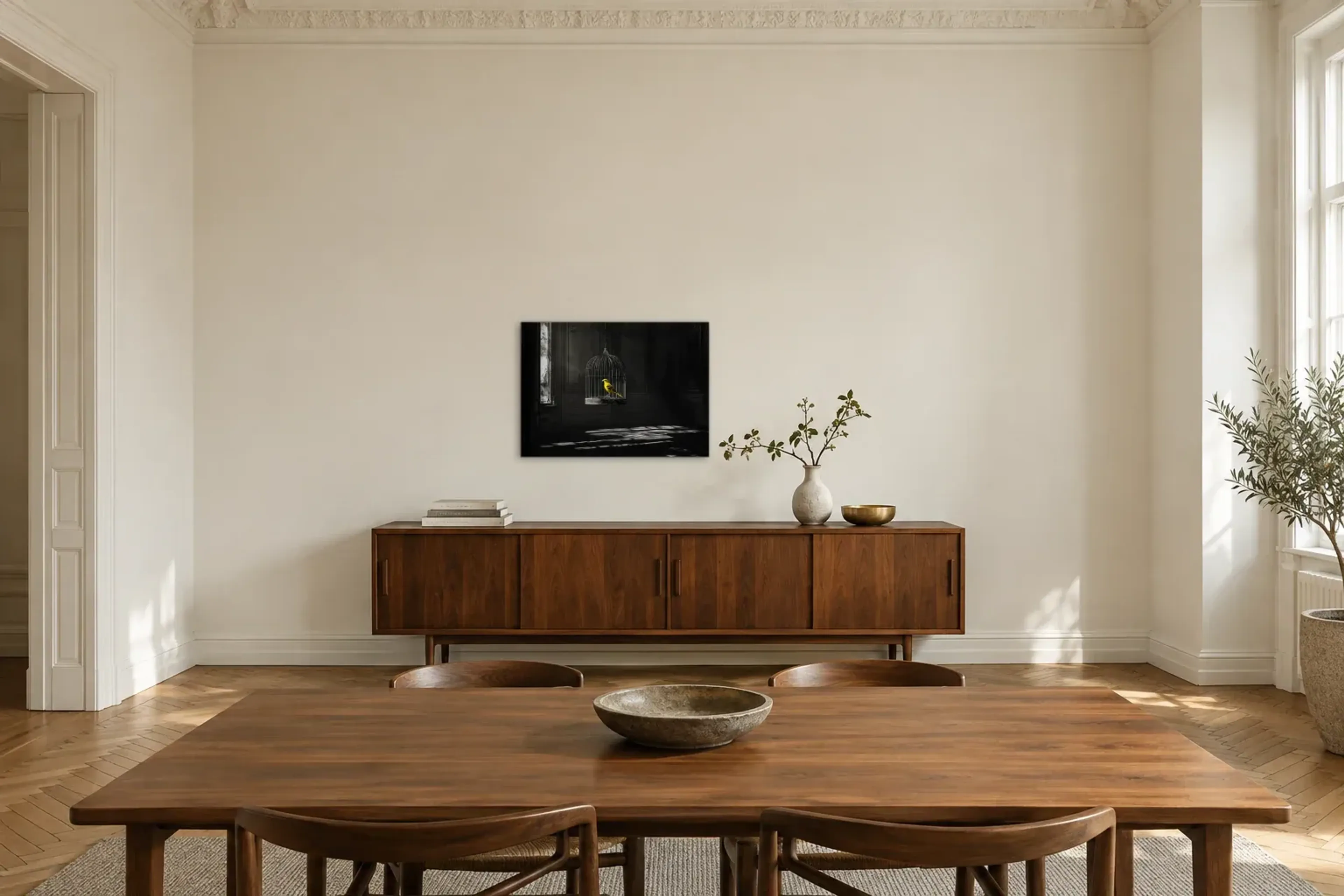 Kanarienvogel im Käfig als Wandbild über einem 200-cm-Sideboard