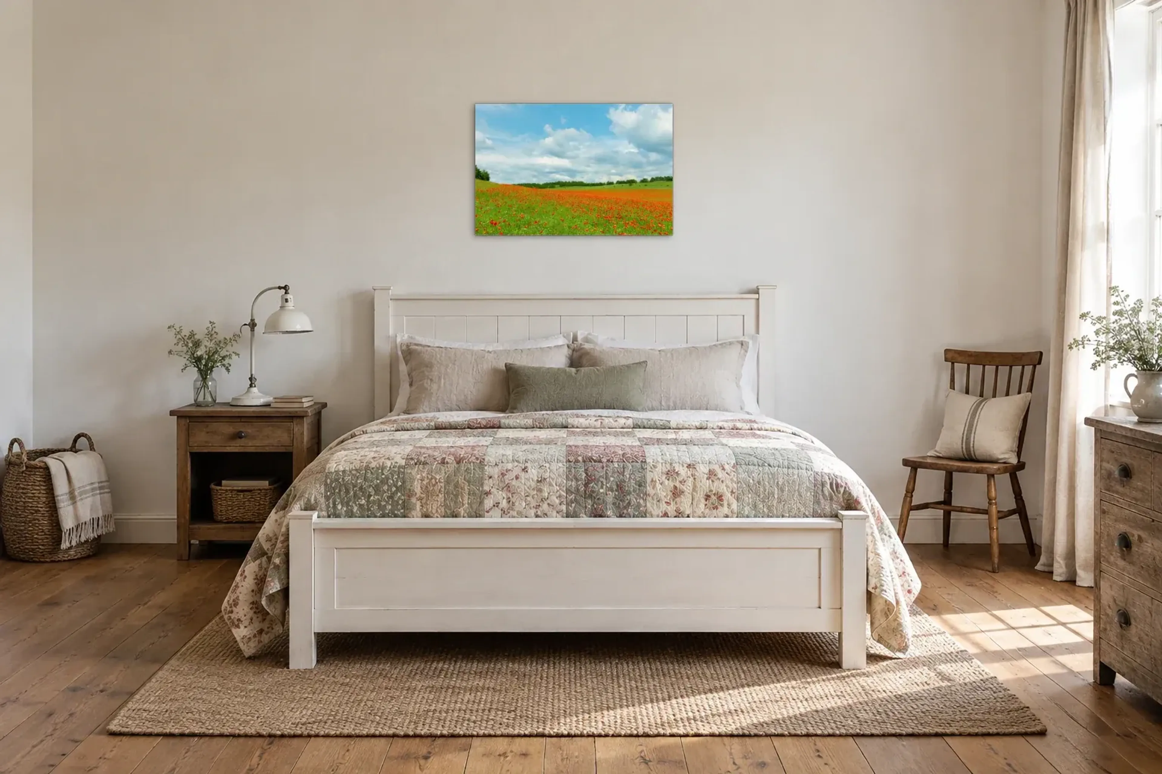 Weite Mohnwiese als Wandbild über einem 160-cm-Bett