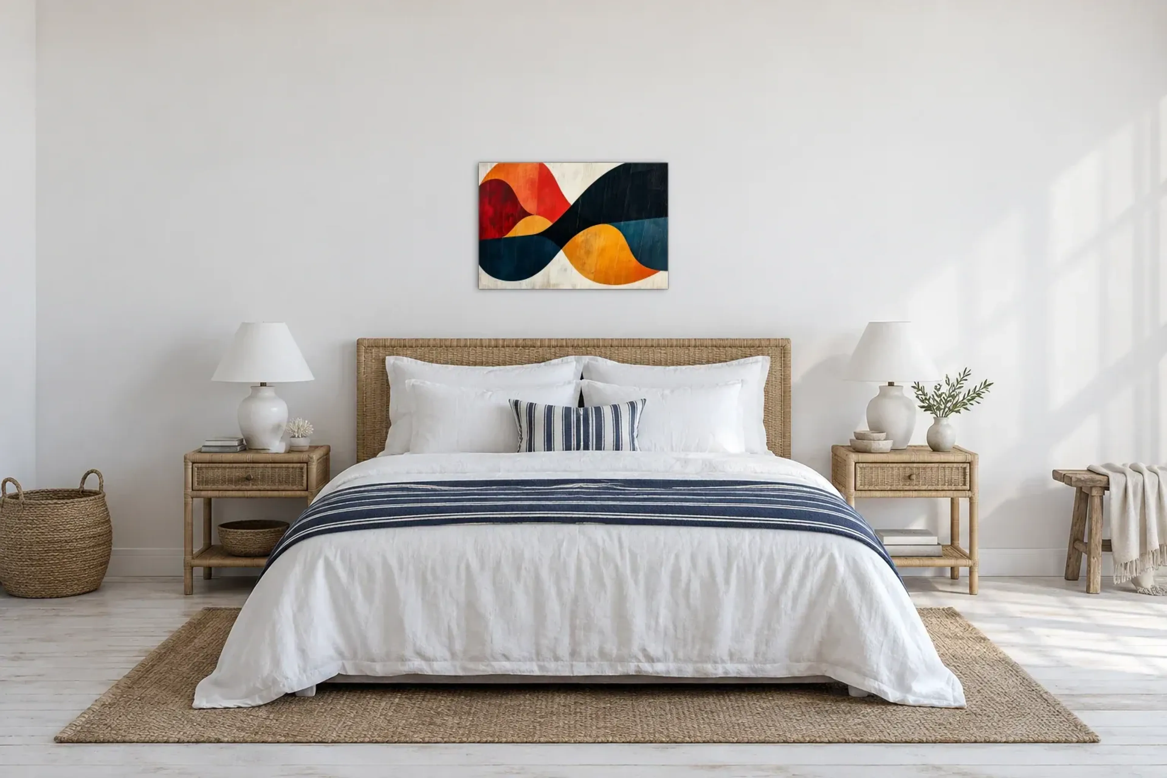 Warme und kühle Wellen als Wandbild über einem 180-cm-Bett