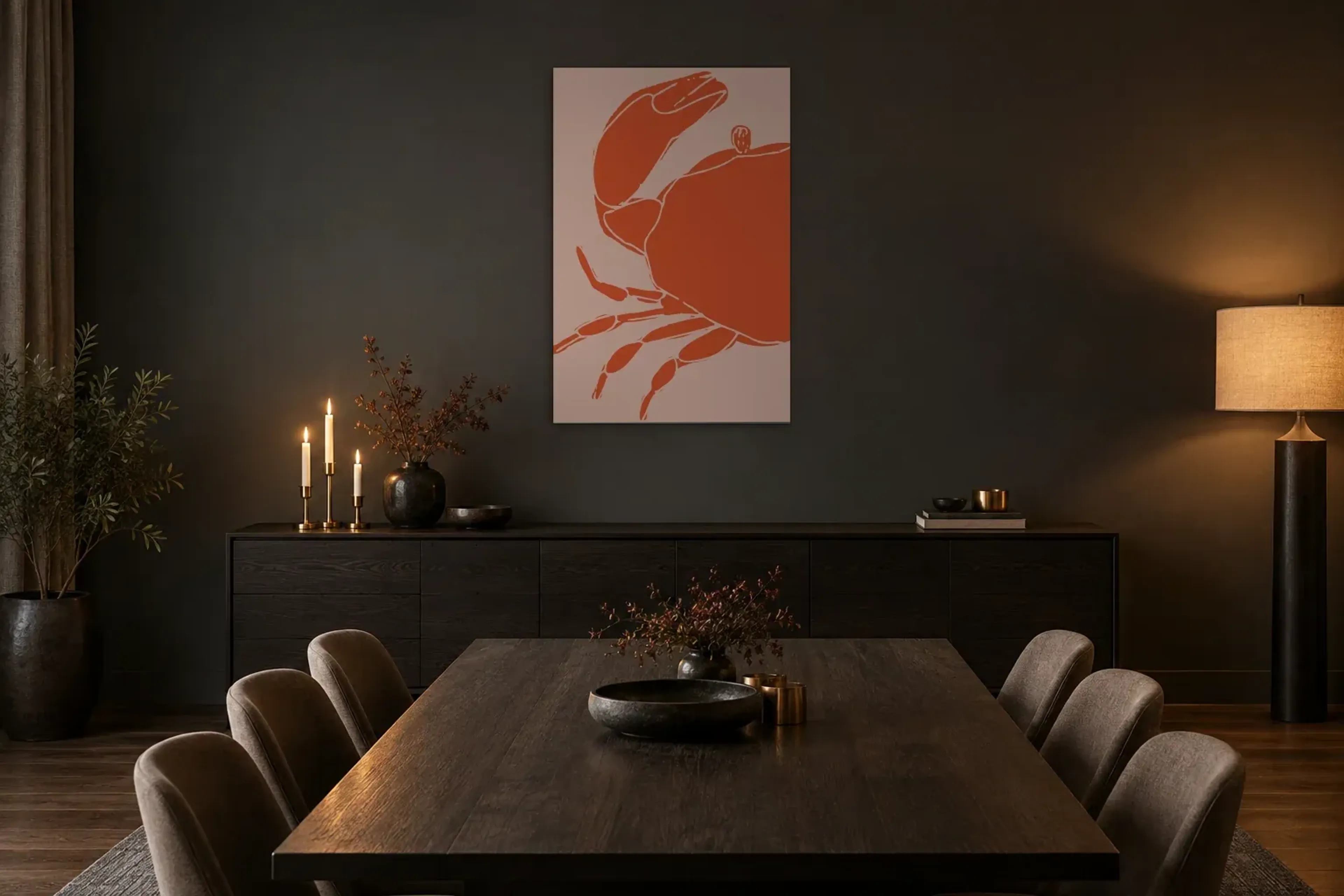 Krabbe rot als Wandbild über einem 180-cm-Sideboard